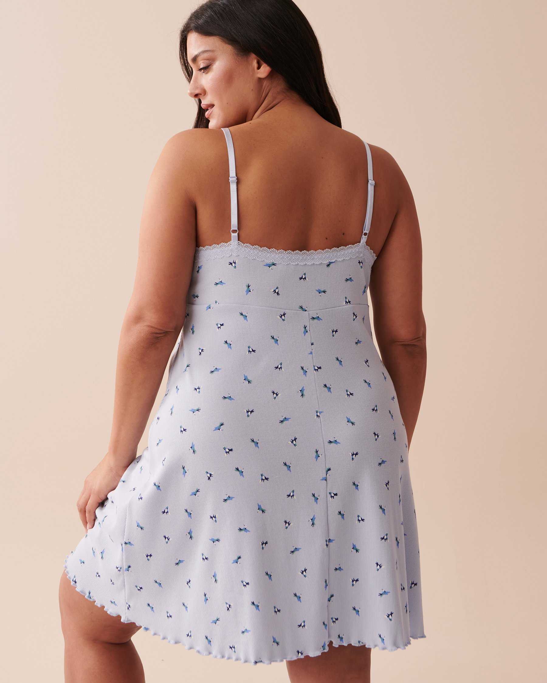 LA VIE EN ROSE Lettuce Edge Ribbed Nightie Small Birds 40500338 - View2