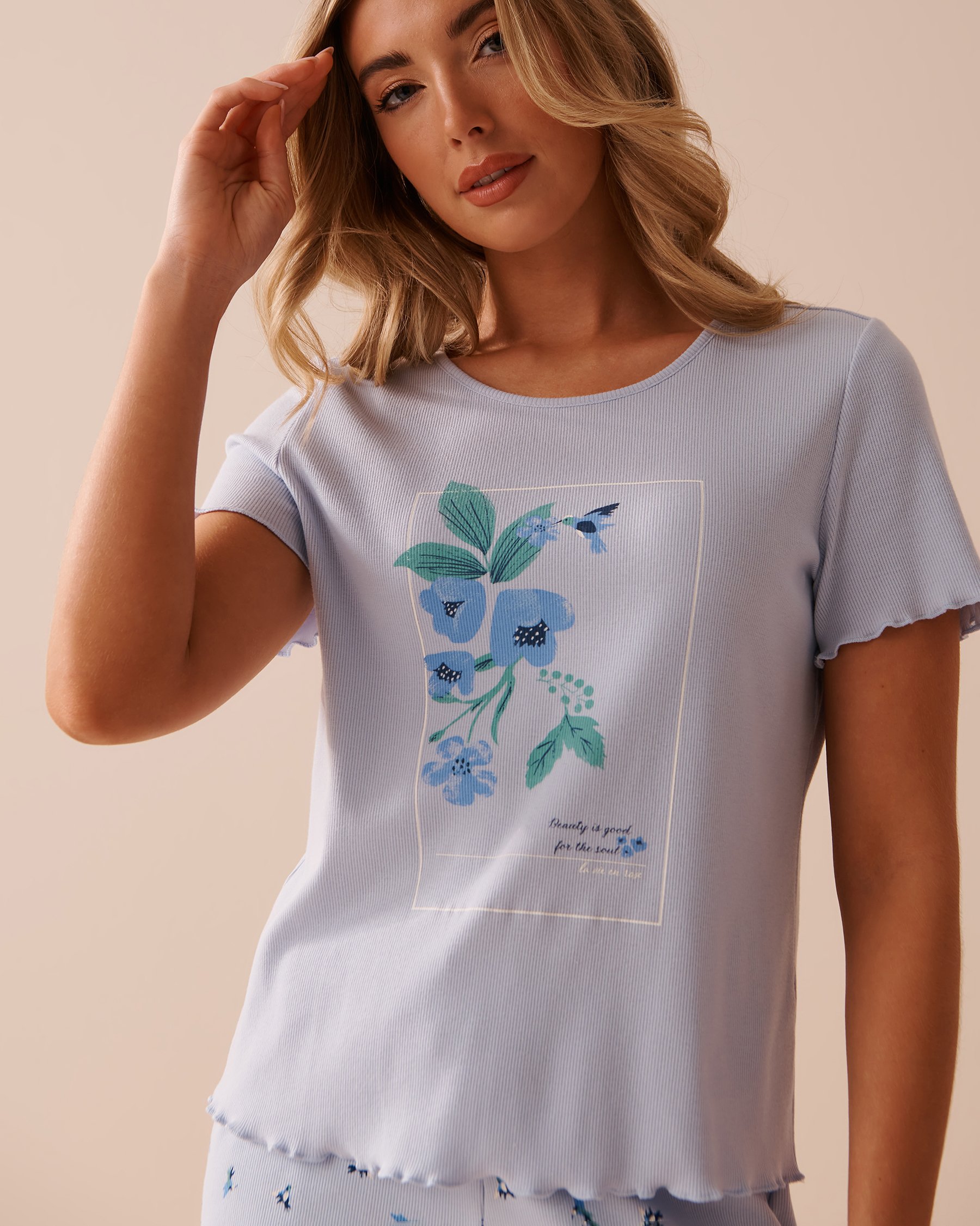 LA VIE EN ROSE Lettuce Edge Ribbed Crew Neck T-shirt Periwinkle 40100548 - View3