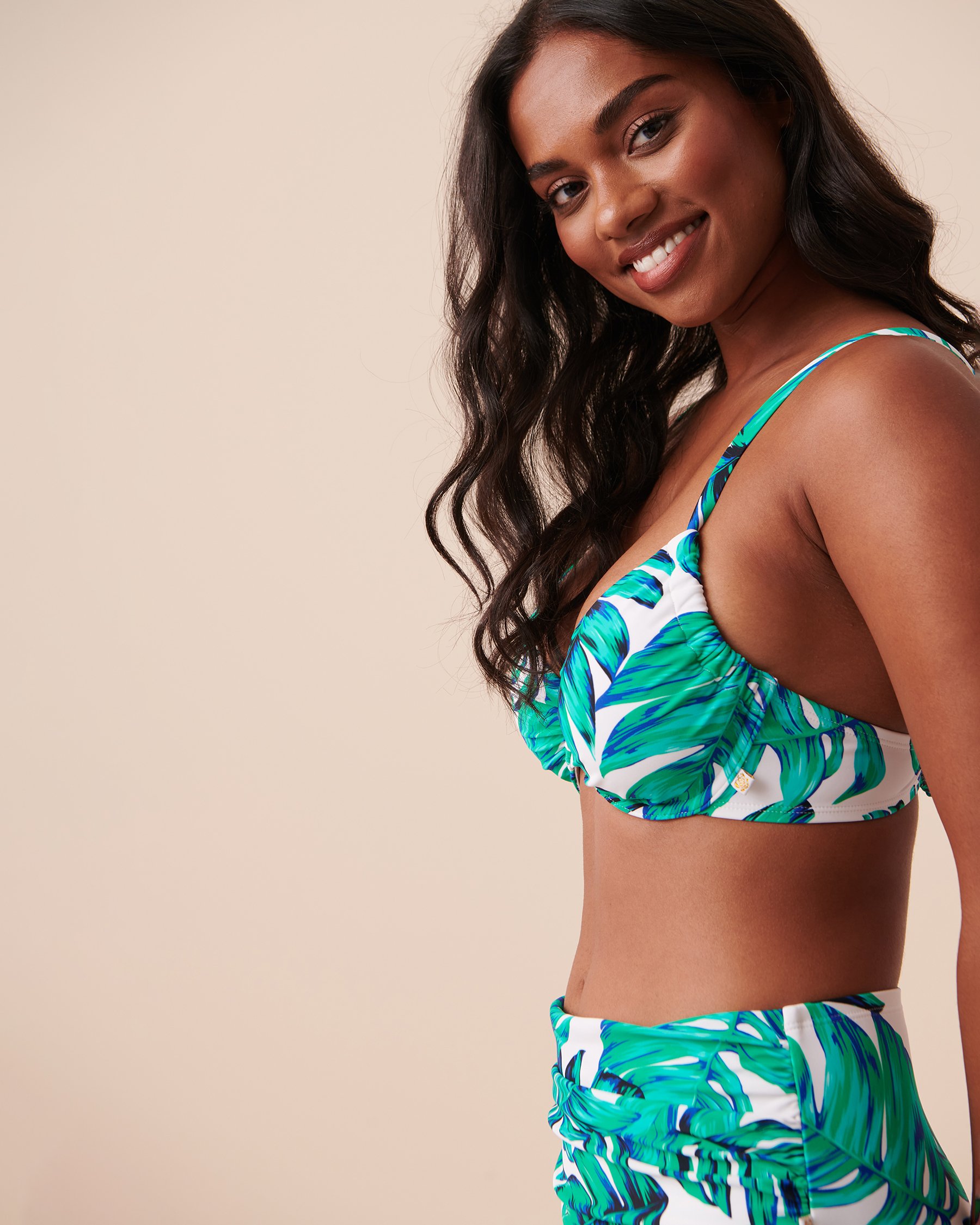 LA VIE EN ROSE AQUA PALM LEAVES Recycled Fibers Plunge Bikini Top Palm Leaves 70100571 - View4