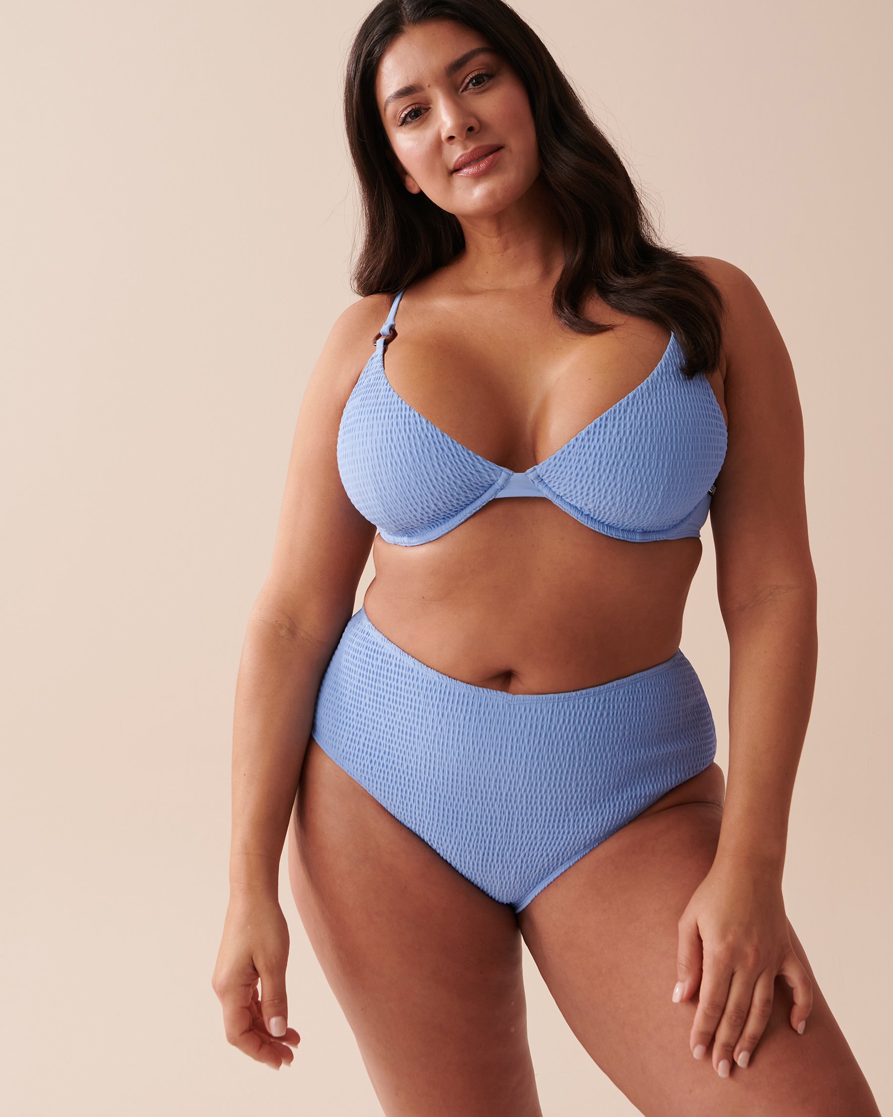 LA VIE EN ROSE AQUA Bas de bikini cheeky taille haute texture nid d'abeilles Bleu pastel éclatant 70300525 - View5