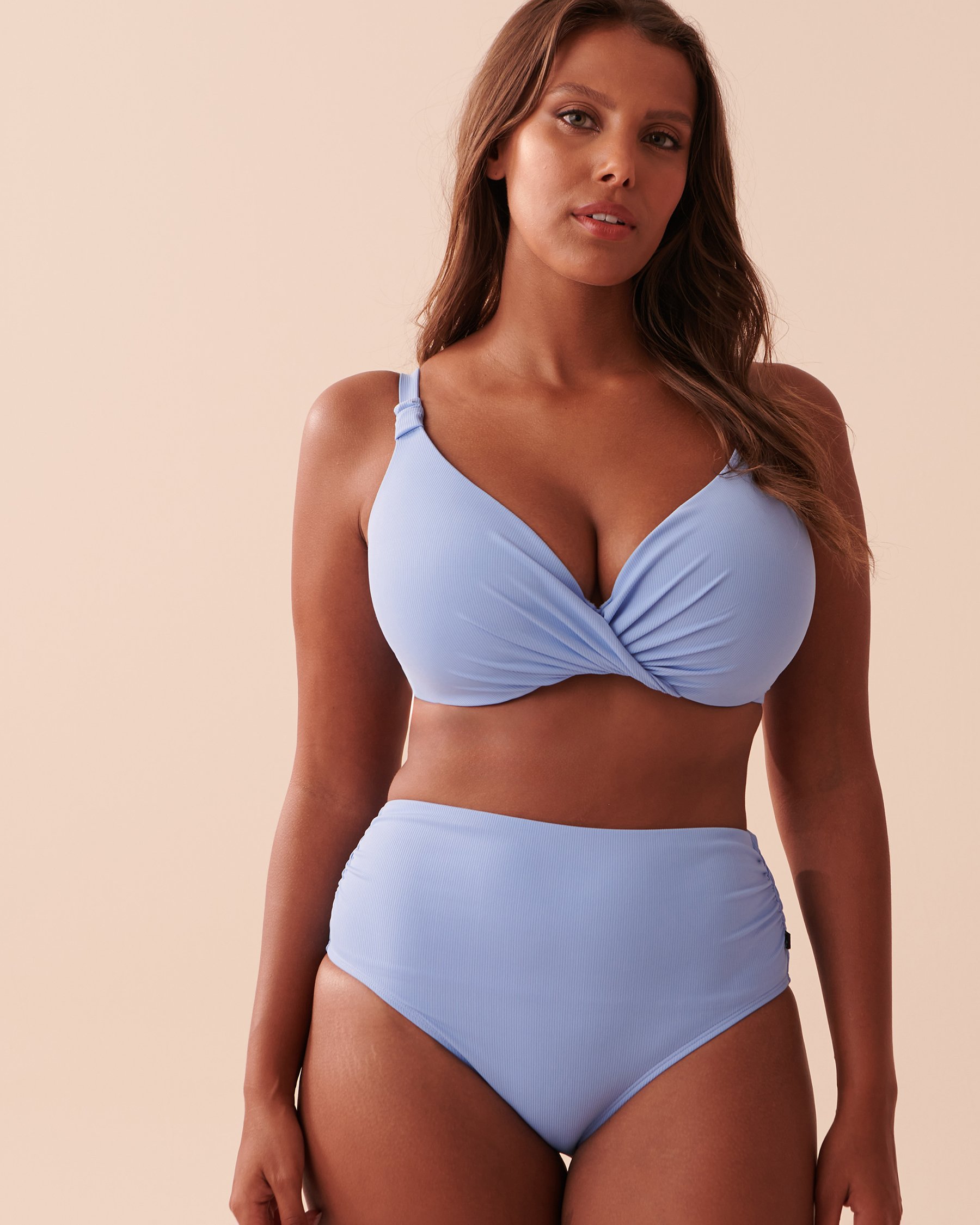 LA VIE EN ROSE AQUA TEXTURED Shirred High Waist Bikini Bottom Bright Pastel Blue 70300545 - View3
