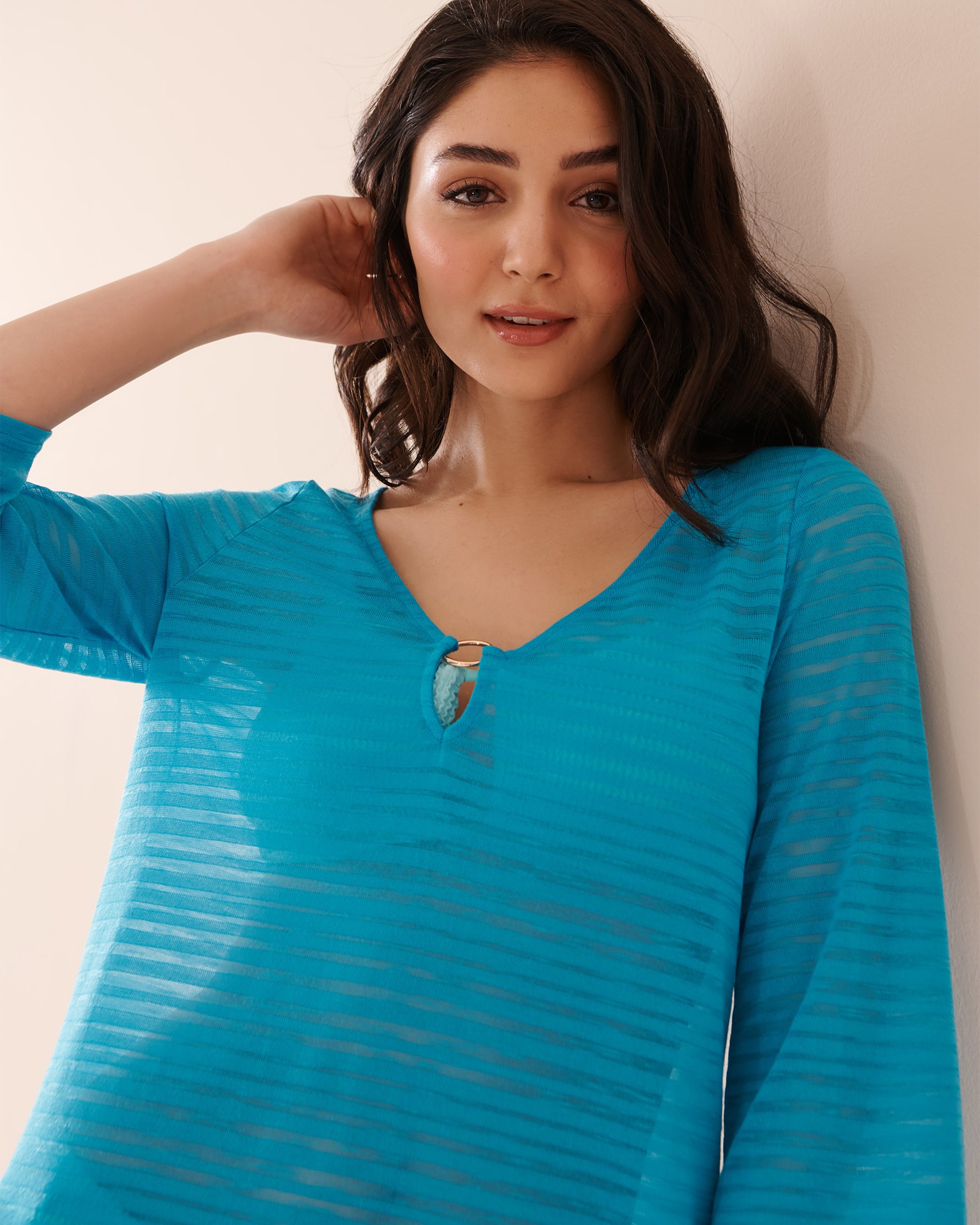 LA VIE EN ROSE AQUA 3/4 Sleeve Shadow Stripe Tunic Ocean Blue 80300092 - View3