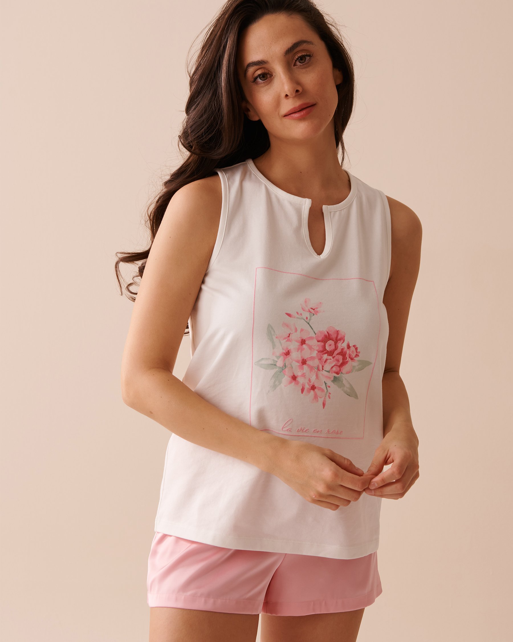 LA VIE EN ROSE Camisole en coton à fleurs roses Blanc 40100580 - Voir4