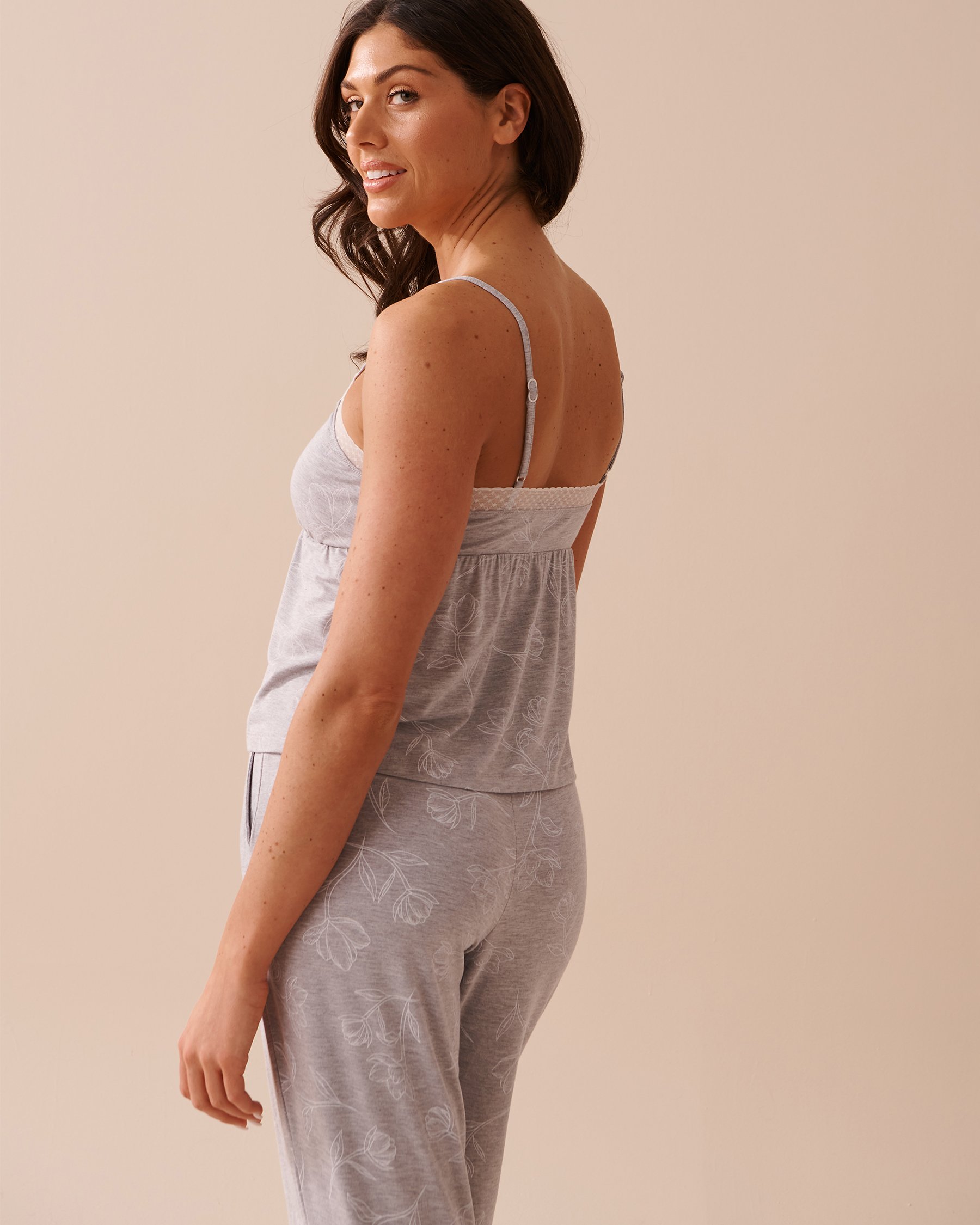 LA VIE EN ROSE Camisole modal et bordure en dentelle Floral gris et blanc 40100587 - View2