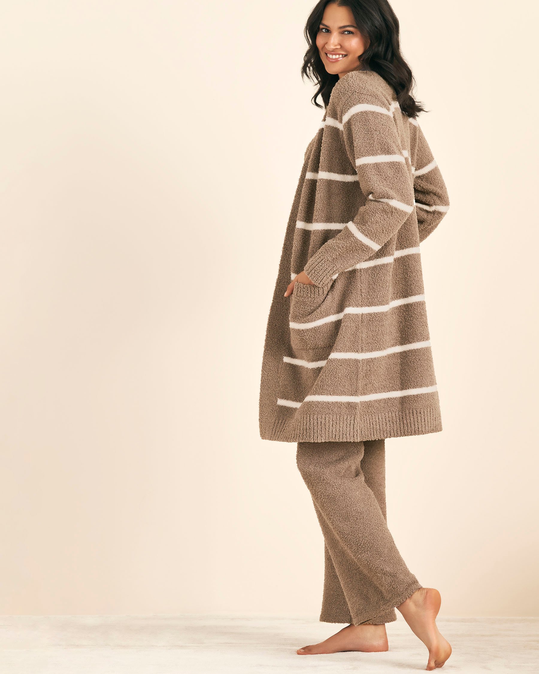 LA VIE EN ROSE Cardigan long en chenille Rayures brunes et blanches 50500016 - Voir2