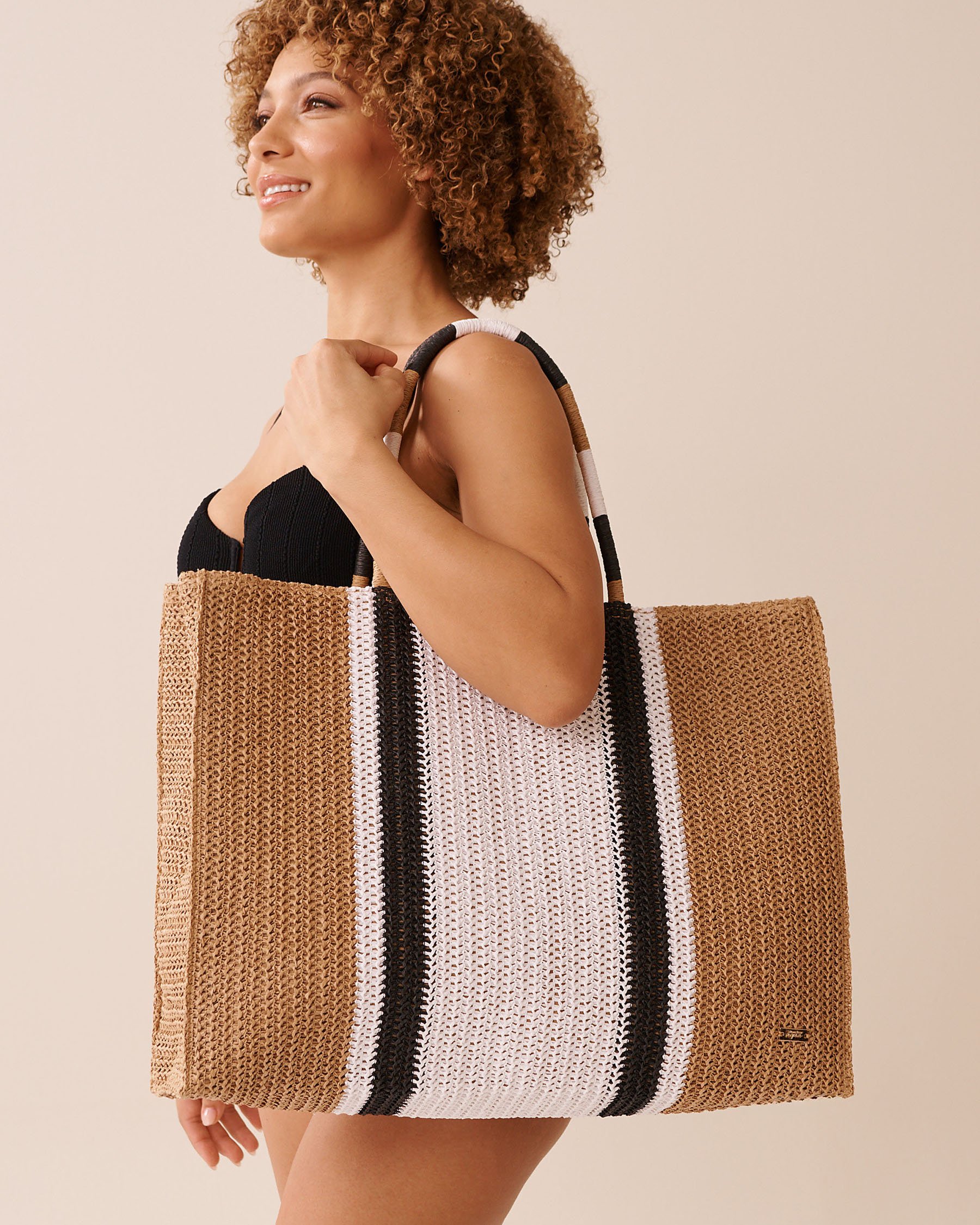 LA VIE EN ROSE AQUA Color Block Straw Bag Honey Brown 80500115 - View3