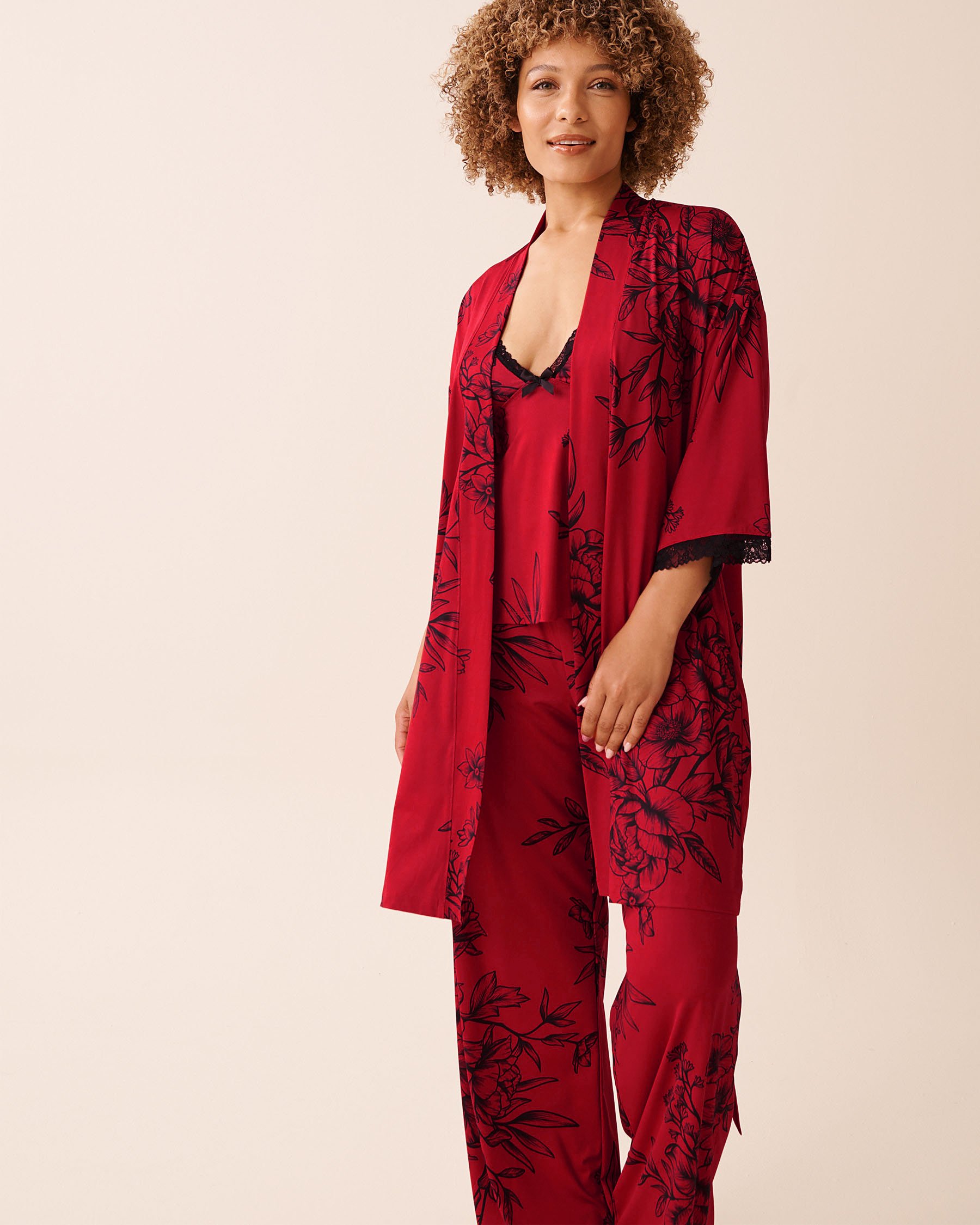 LA VIE EN ROSE Kimono bordure en dentelle en fibres recyclées fleurs rouges et noires Fleurs rouges et noires 60600109 - View8