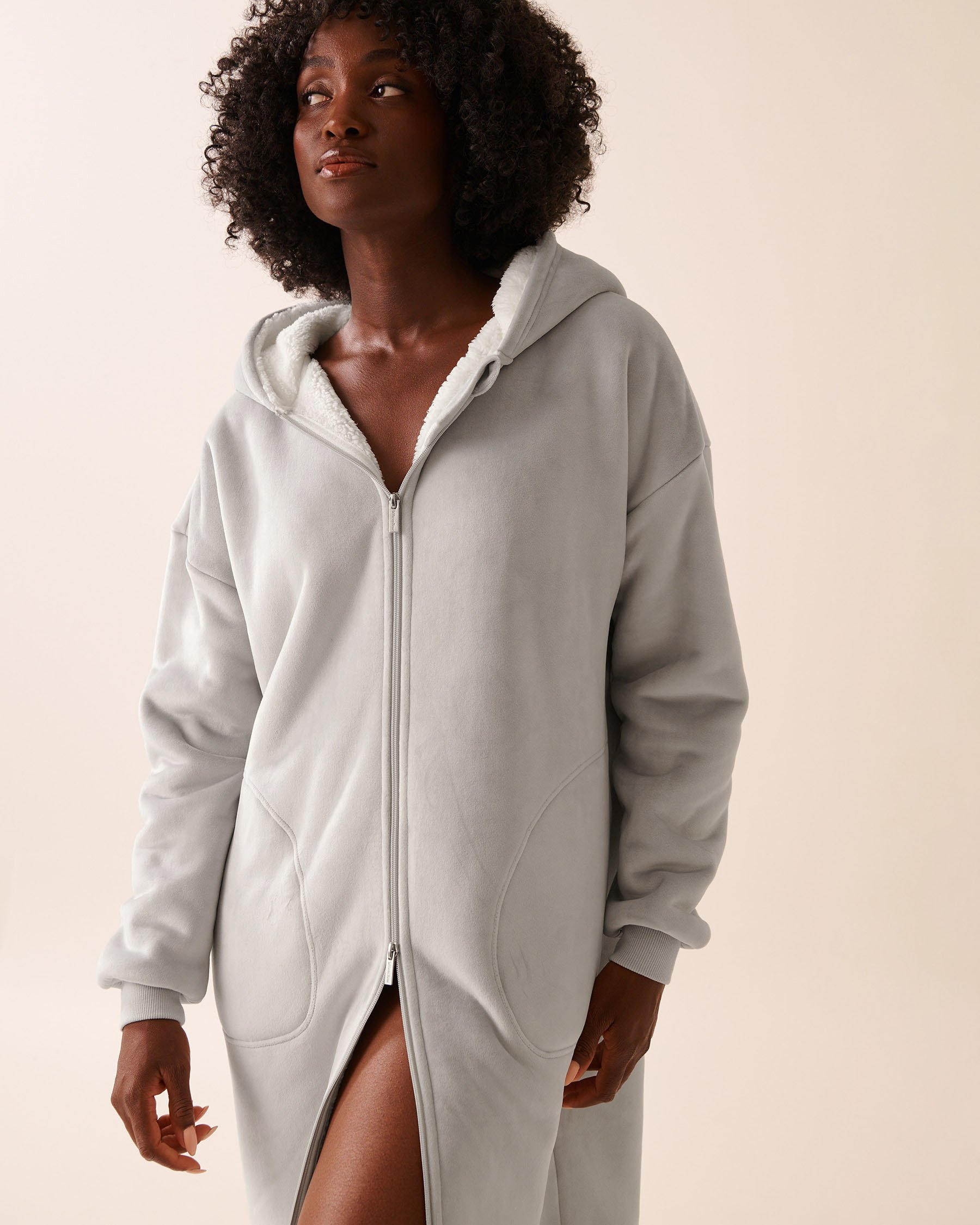LA VIE EN ROSE Hooded Robe with Zipper Grey 40600216 - View4