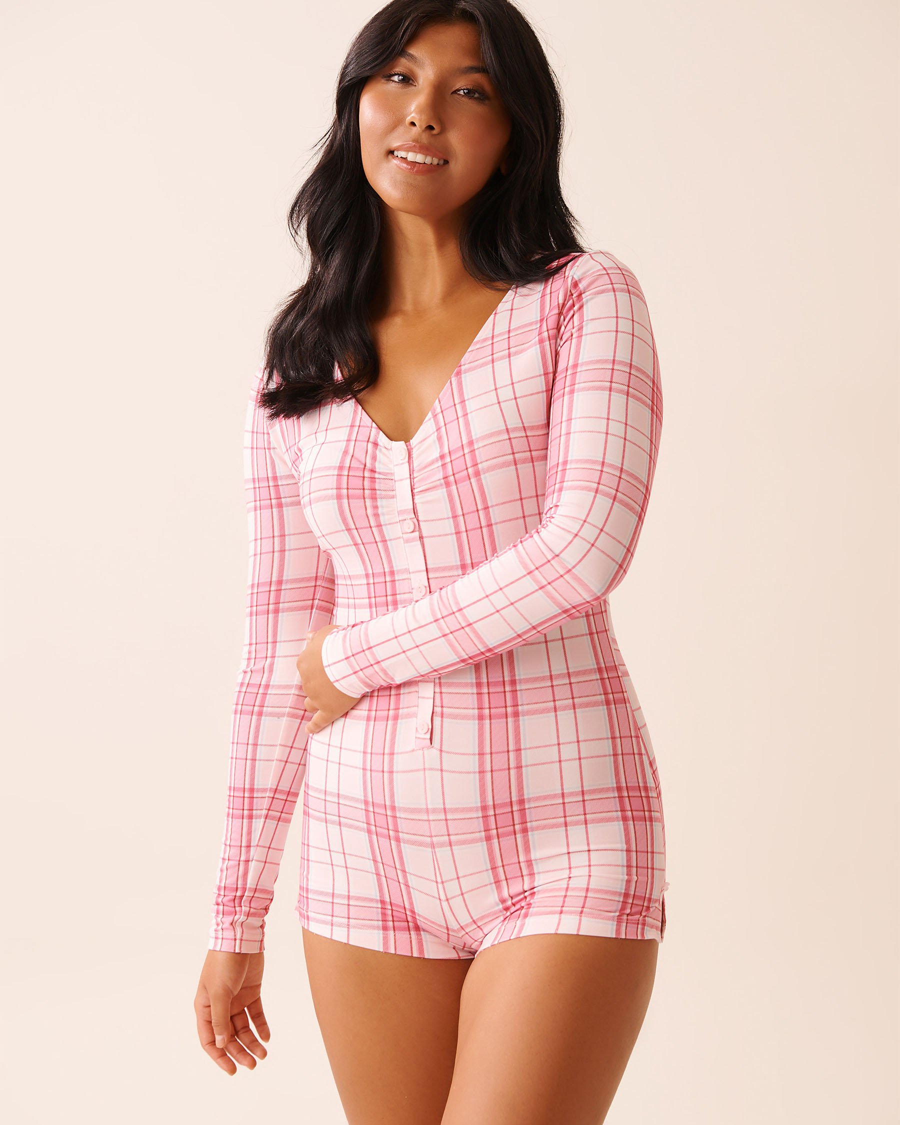 LA VIE EN ROSE Combishort manches longues ultra doux carreaux roses Carreaux roses 40300062 - Voir1
