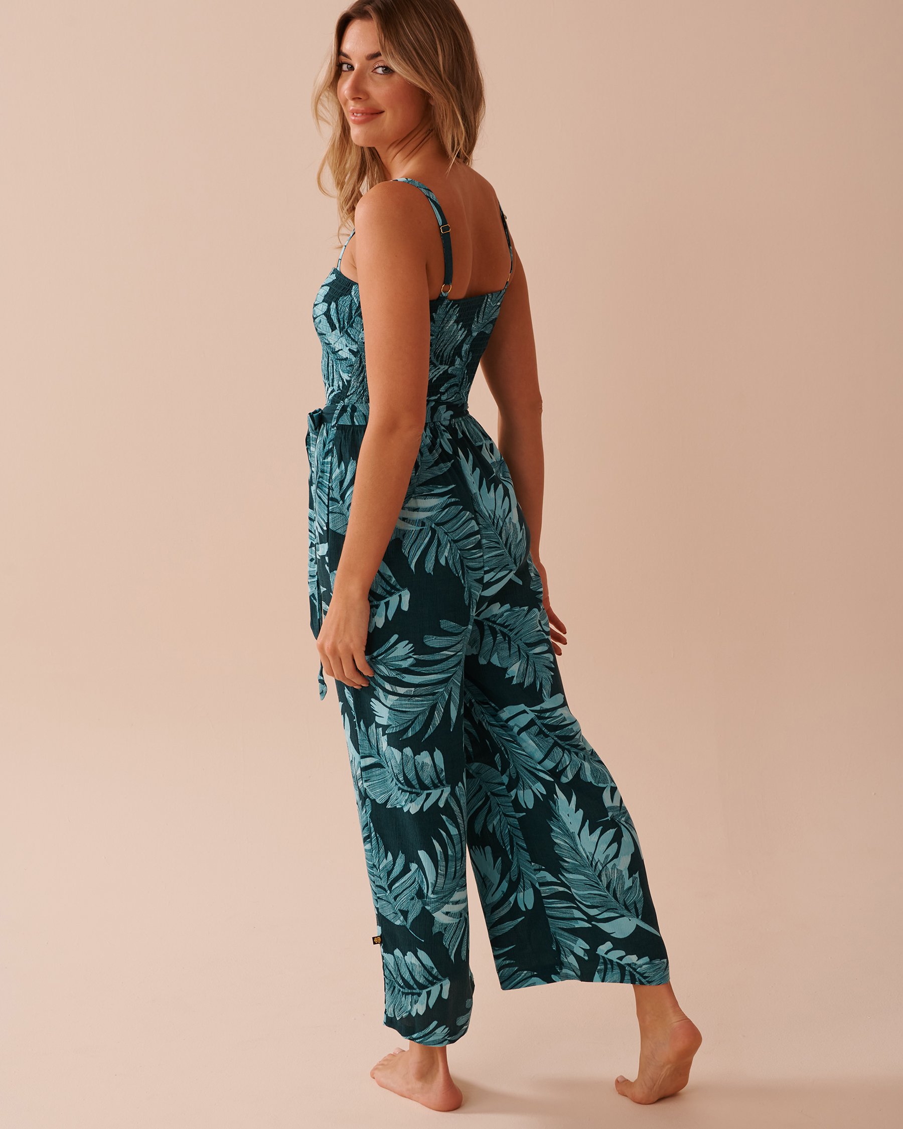 LA VIE EN ROSE AQUA Tropical Leaf Print Wide-leg Jumpsuit Ocean Oasis 80300101 - View2