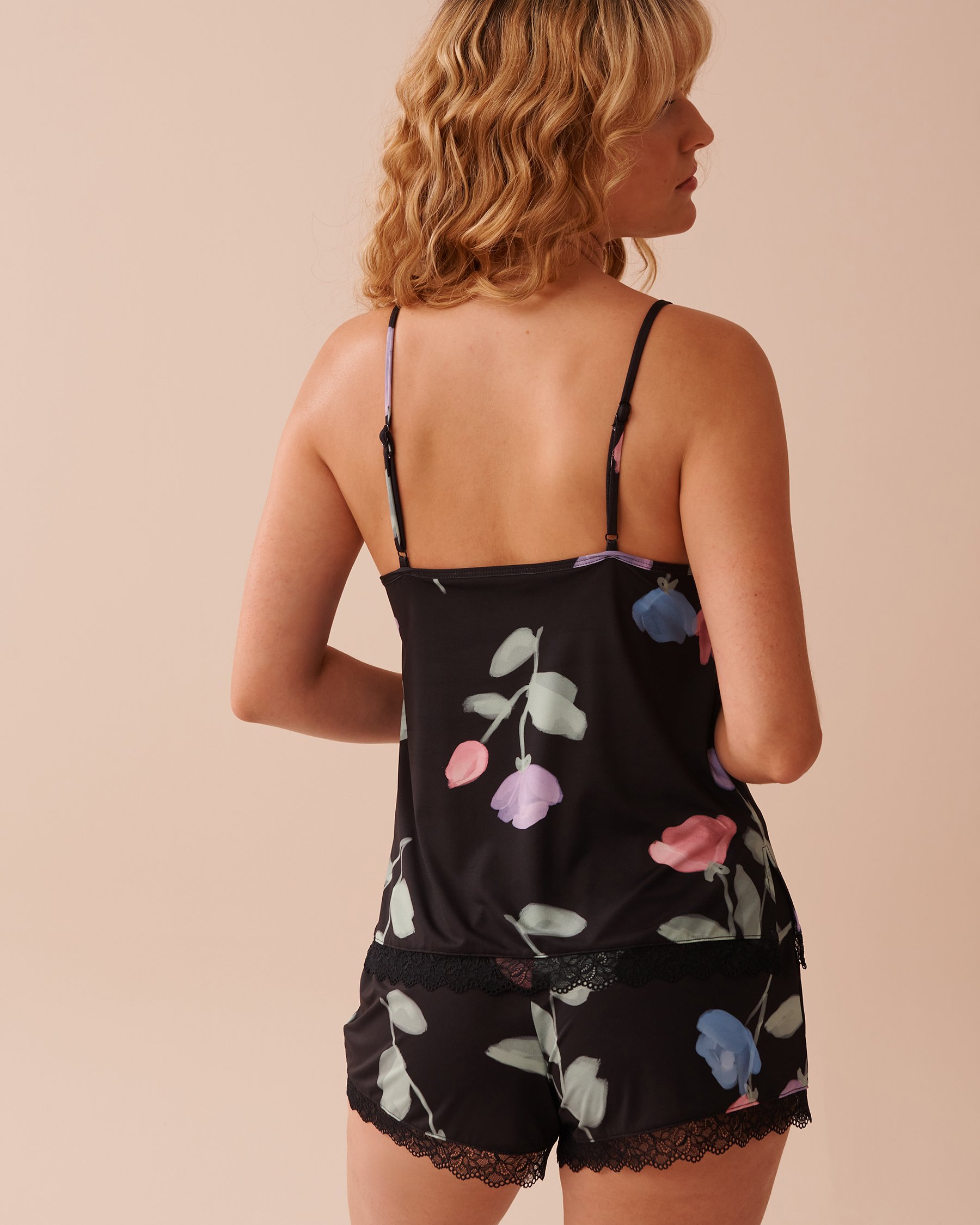 LA VIE EN ROSE Recycled Fibers Tulip Print Lace Trim Cami Black/Pastel Tulips 60100119 - View5