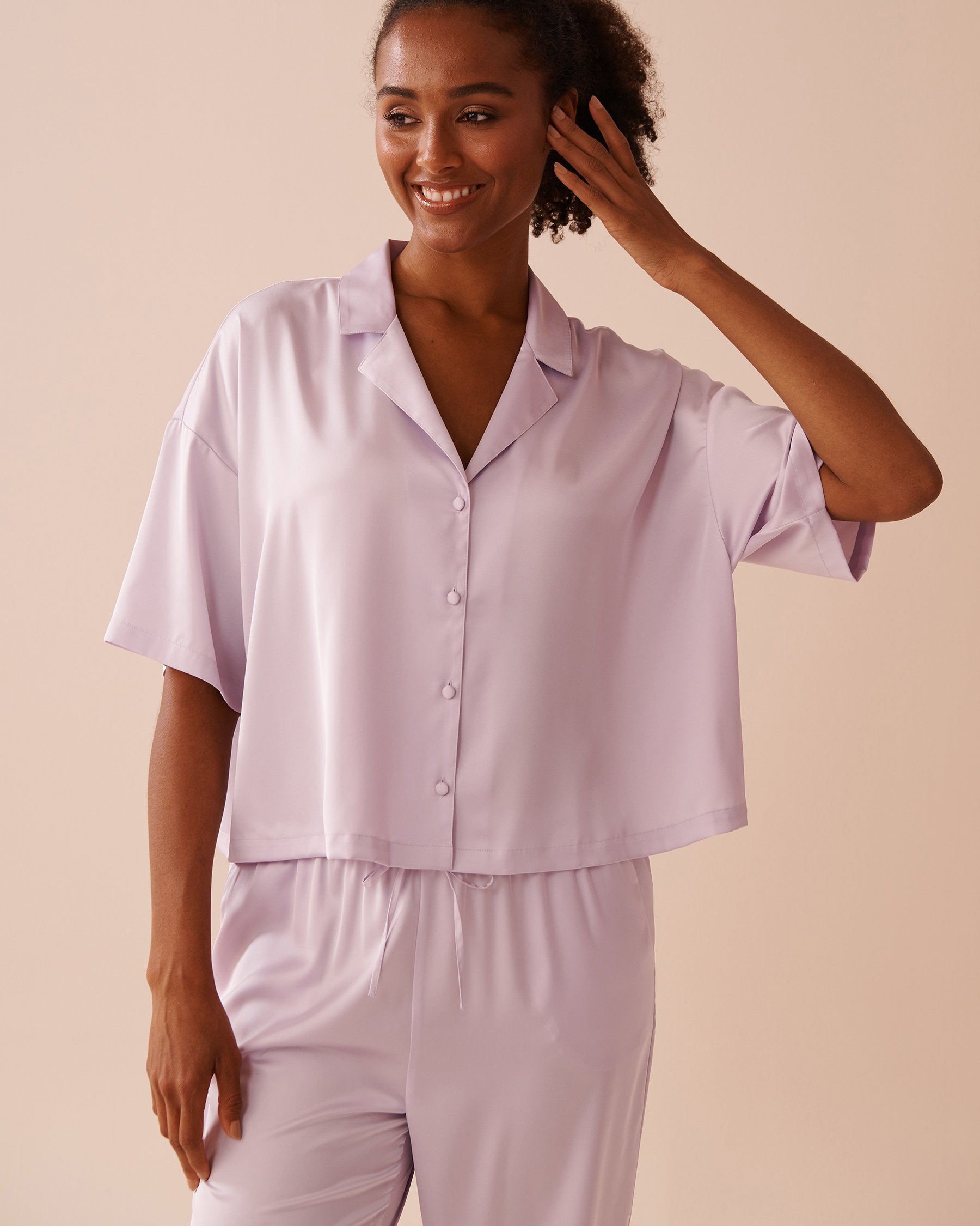 LA VIE EN ROSE Satin Short Sleeve Button-down Shirt Lavender 60100123 - View1