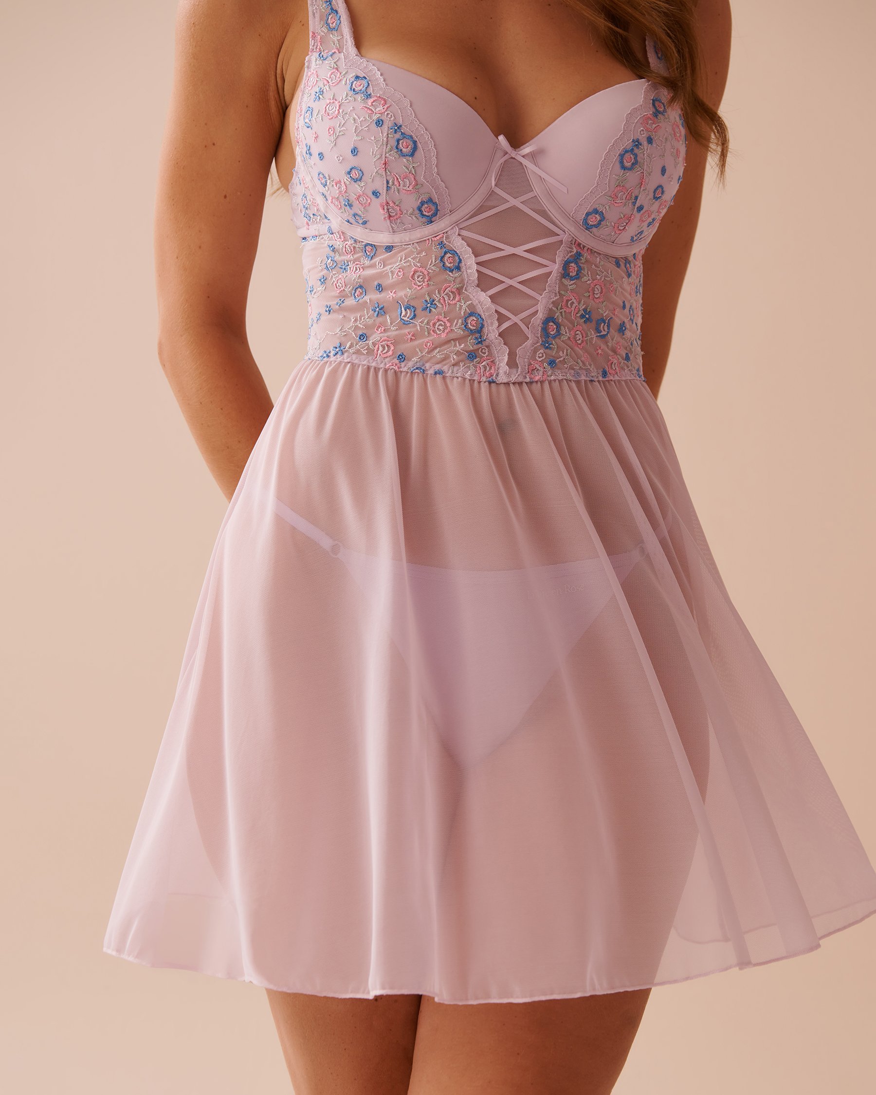 LA VIE EN ROSE Floral Embroidered Mesh and Lace-up Detail Push-up Nightie Lavender 60500175 - View3