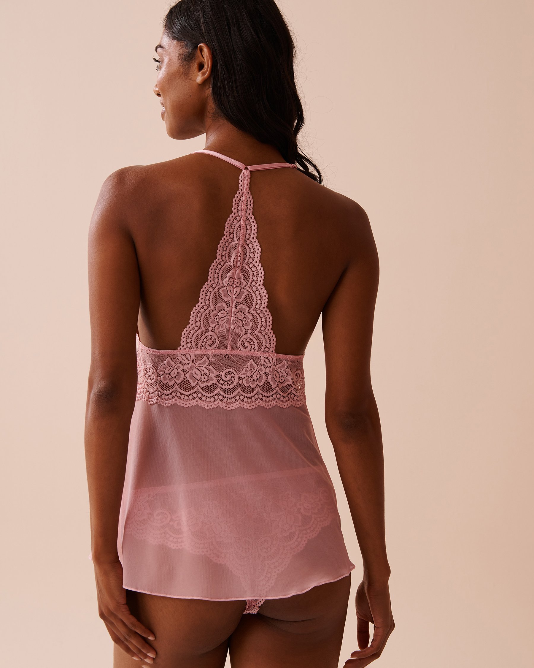 LA VIE EN ROSE Ensemble 2 pièces en dentelle florale et résille Rose tendre 60400050 - Voir4