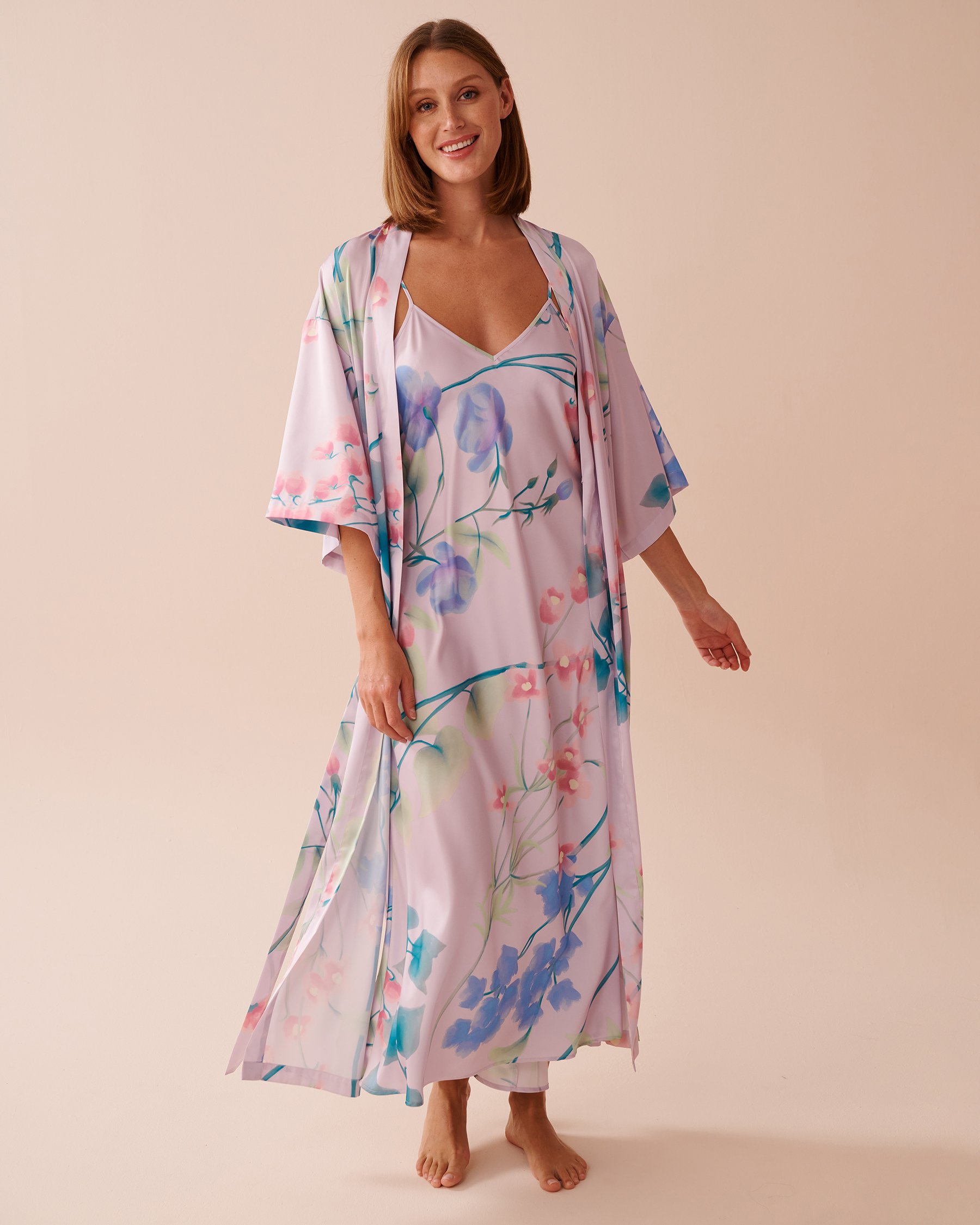 LA VIE EN ROSE Lavender Garden Print Long Satin Kimono Lavender Garden 60600087 - View7