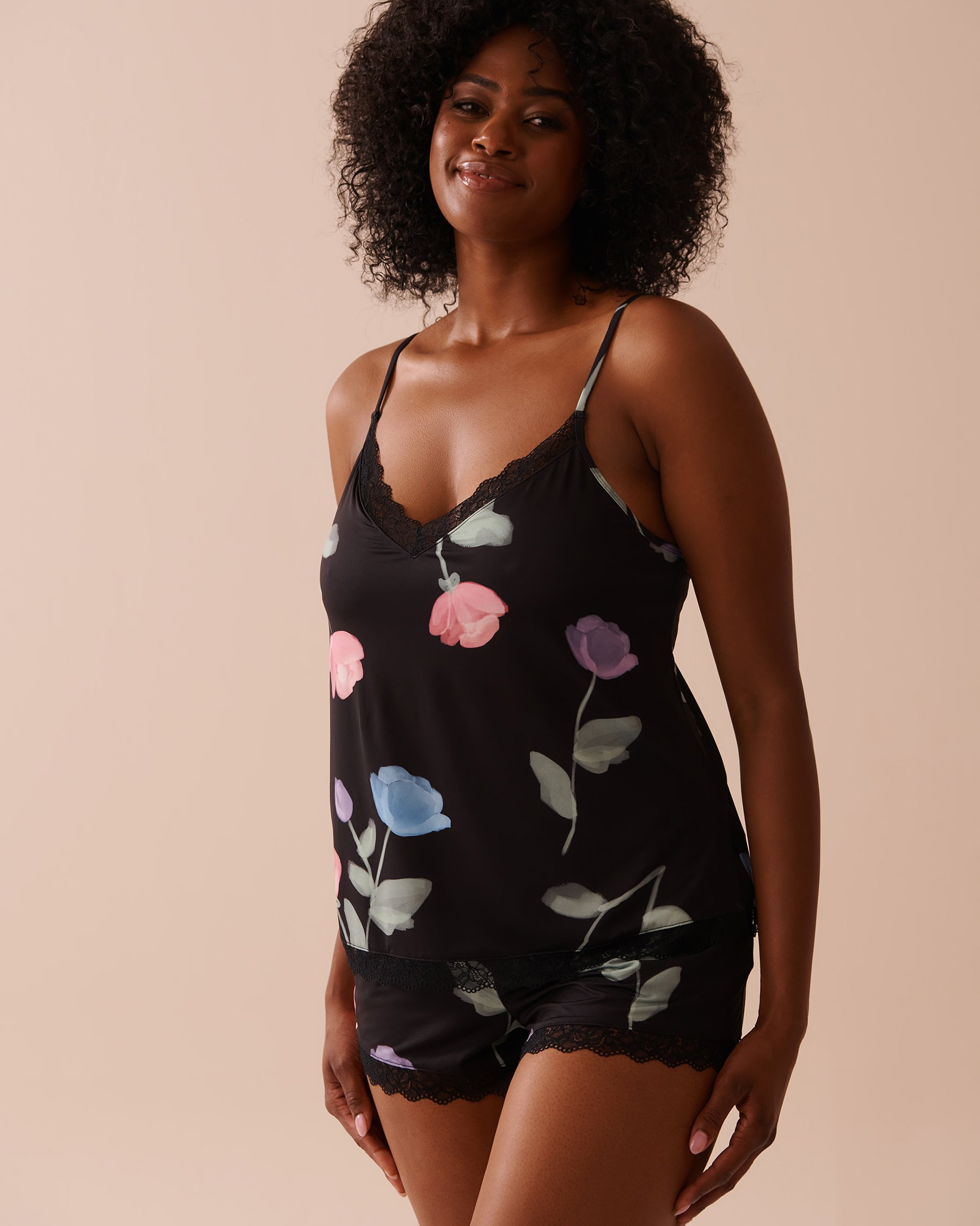 LA VIE EN ROSE Recycled Fibers Tulip Print Lace Trim Cami Black/Pastel Tulips 60100119 - View1