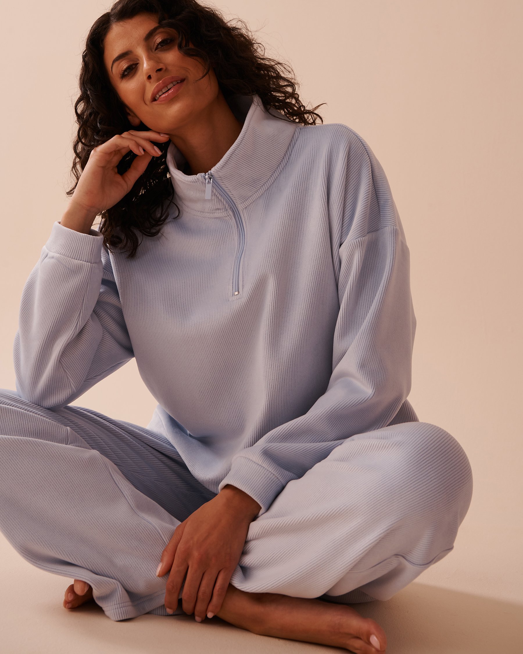 LA VIE EN ROSE Chandail demi-zip épais en tissu côtelé Bleu glacé 50100098 - Voir3