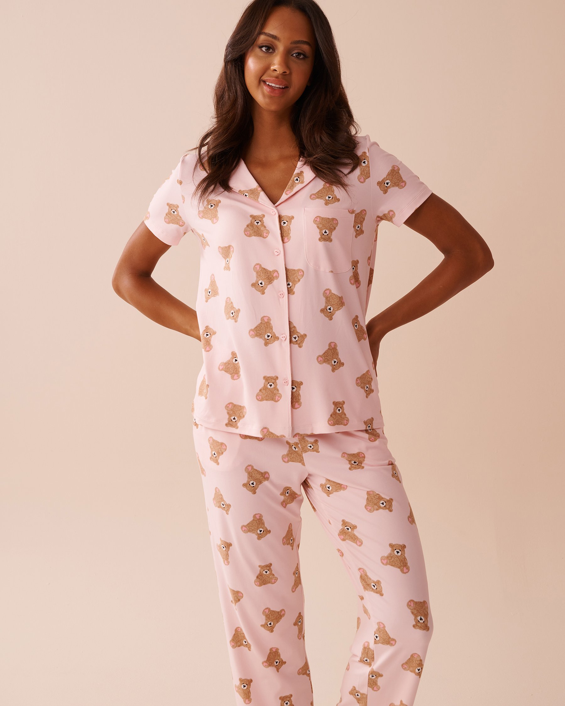 LA VIE EN ROSE Teddy Bear Print Super Soft Button-down Shirt Pink/Teddy Bears 40100689 - View1