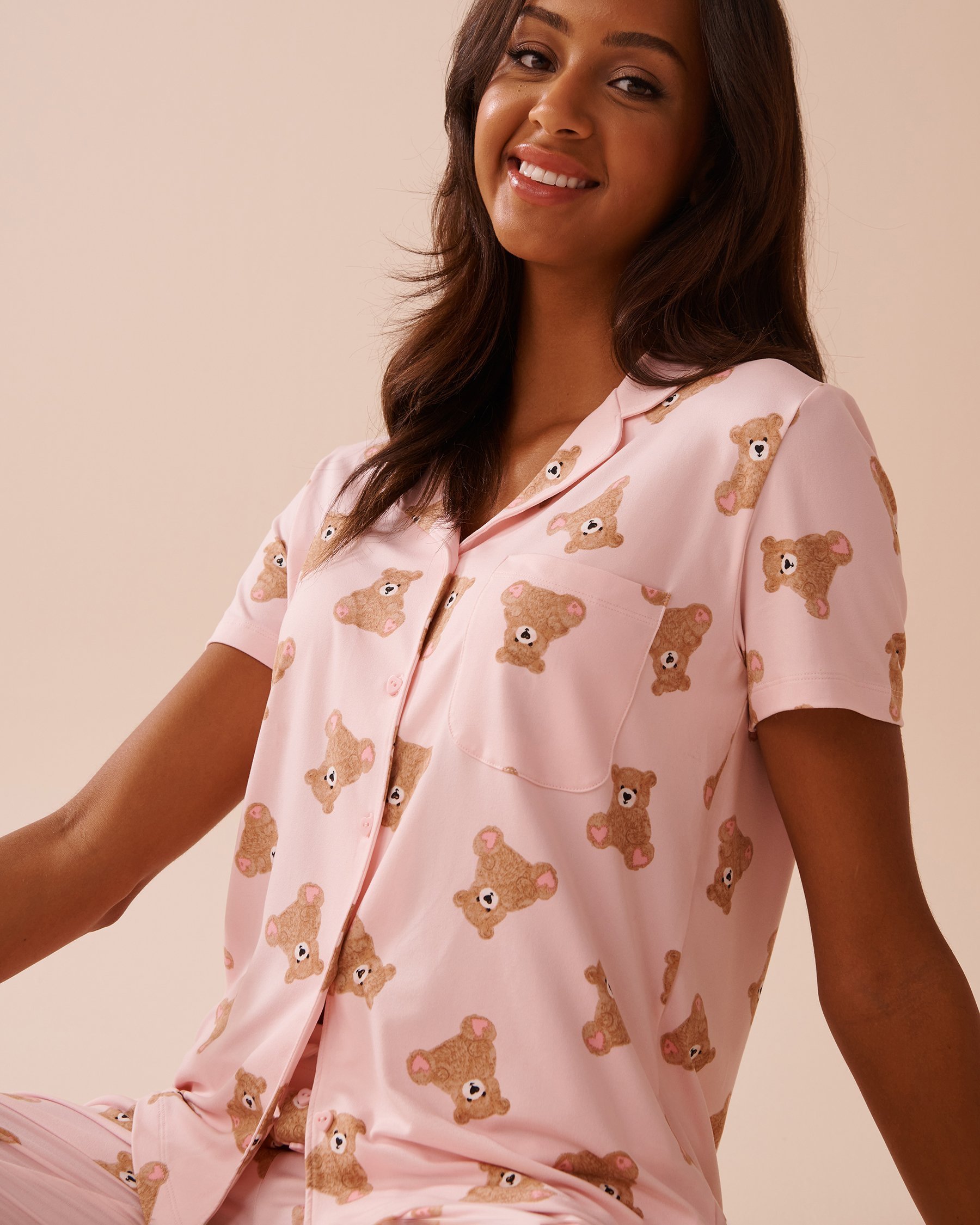 LA VIE EN ROSE Teddy Bear Print Super Soft Button-down Shirt Pink/Teddy Bears 40100689 - View3