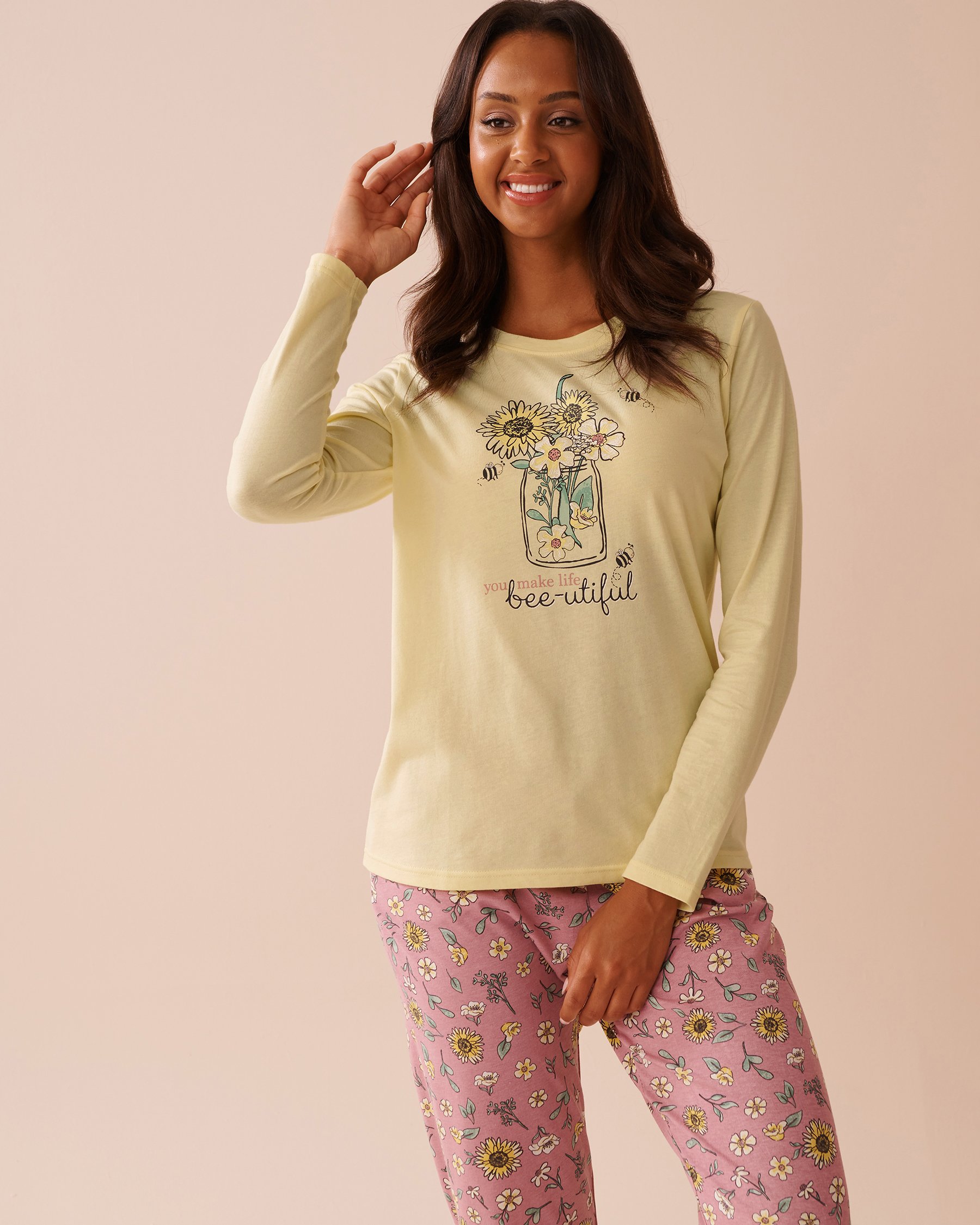 LA VIE EN ROSE Chandail manches longues en coton à imprimé abeille Jaune pâle 40100692 - Voir1