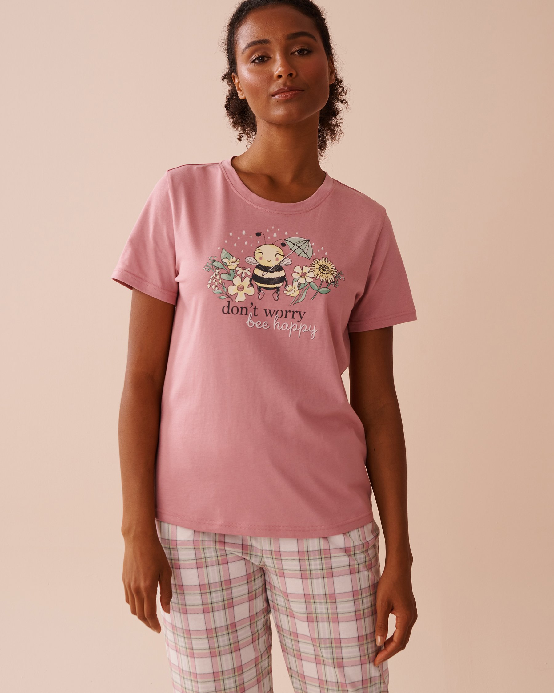 LA VIE EN ROSE T-shirt col rond en coton à imprimé abeille Vieux rose 40100693 - View1