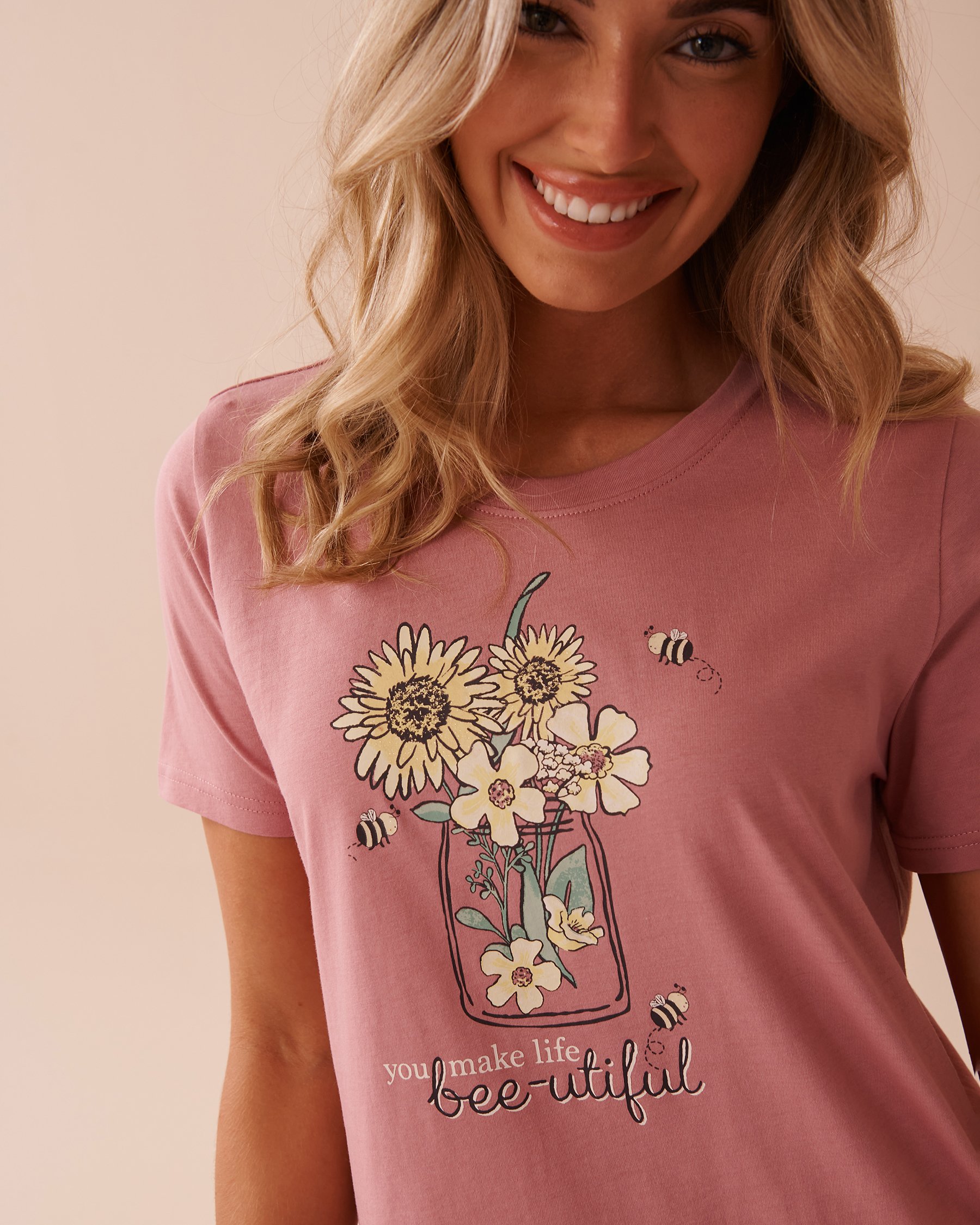 LA VIE EN ROSE Bee Print Cotton Short Sleeve Sleepshirt Old Pink 40500412 - View3