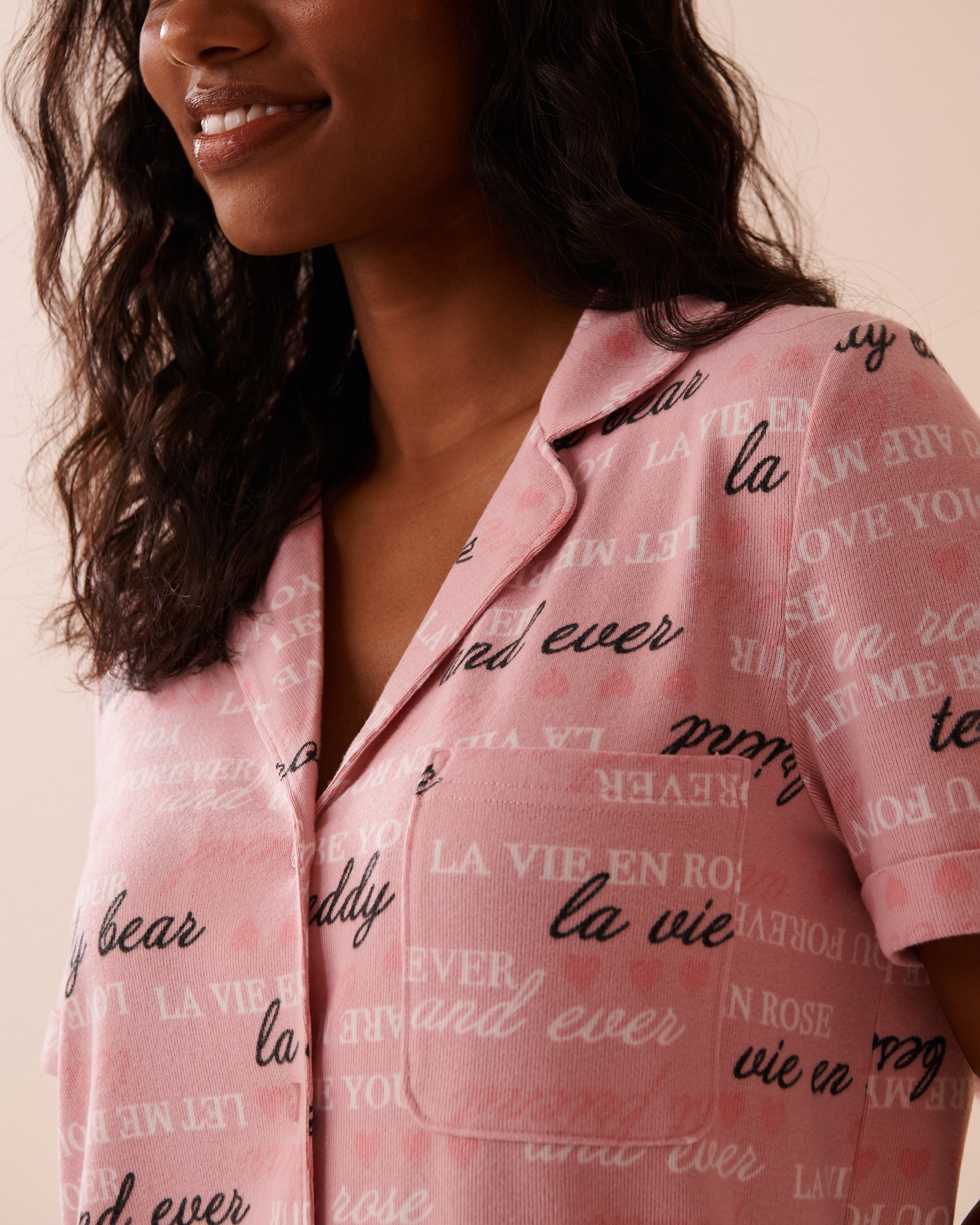 LA VIE EN ROSE Heart and Letter Print Recycled Fibers Button-down Shirt Blushing Pink 40100672 - View3