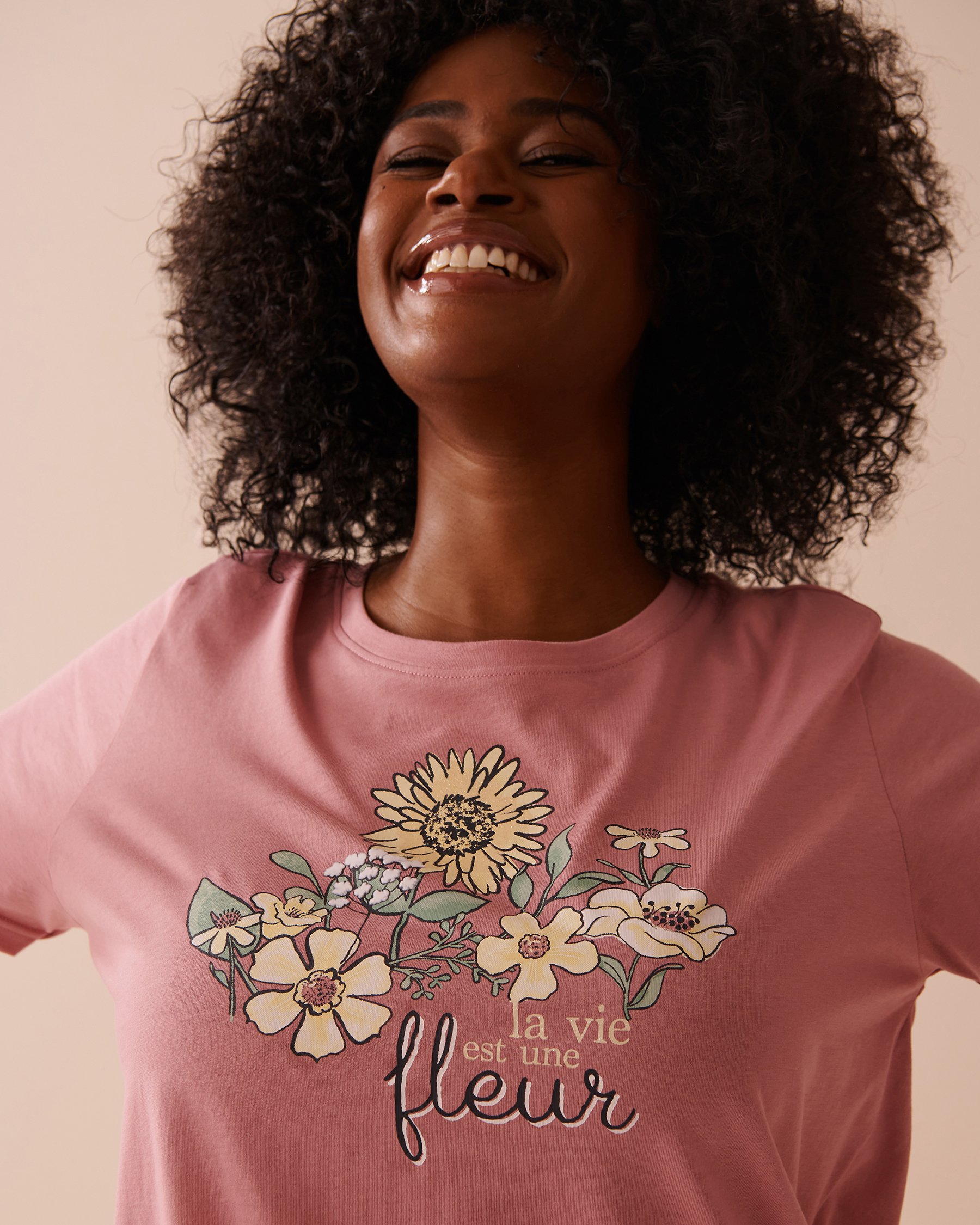 LA VIE EN ROSE Sunflower Print Cotton Crew Neck T-shirt Old Pink 40100693 - View3