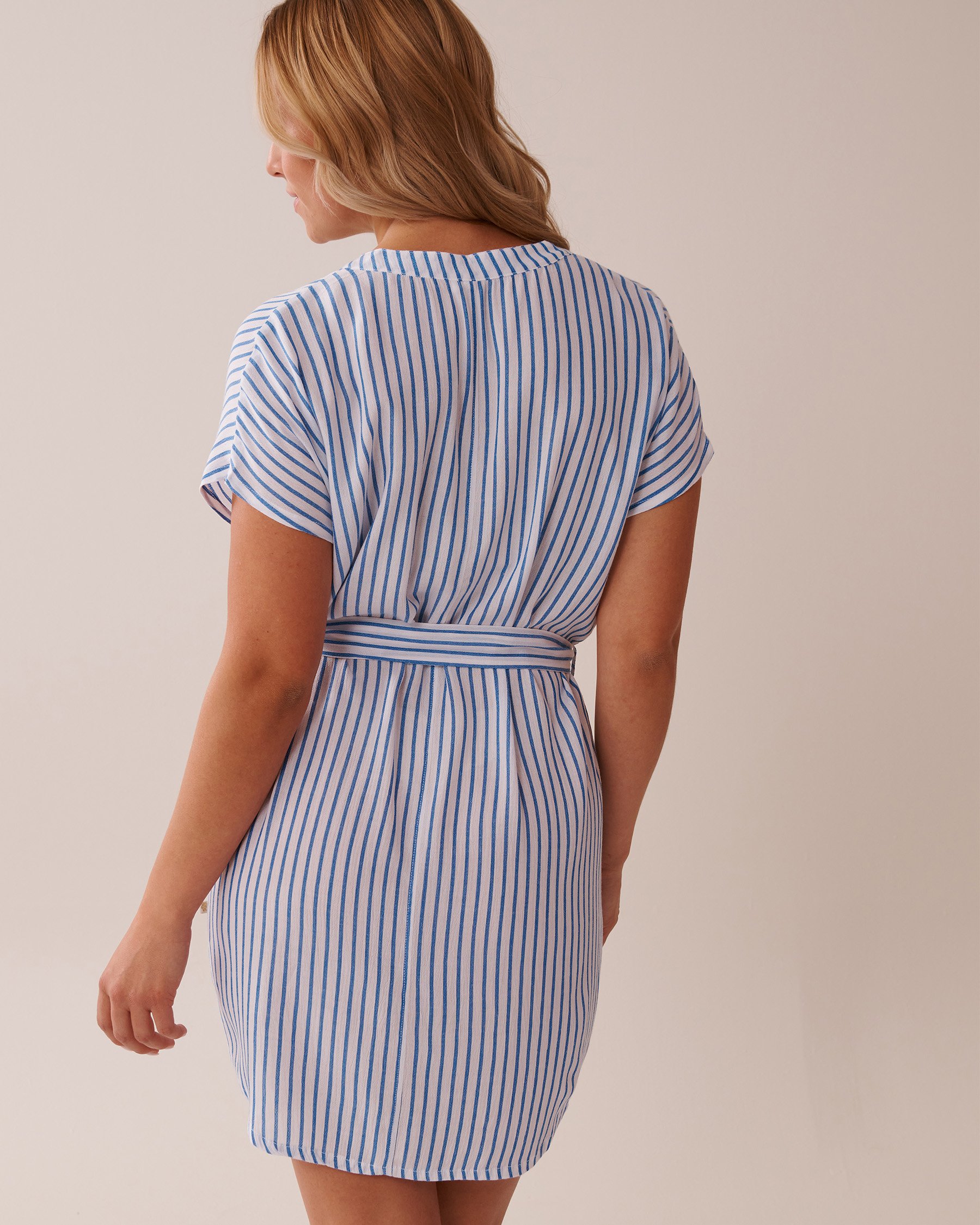 LA VIE EN ROSE AQUA Gauze Short Dress Blue & White Stripes 80300106 - View2