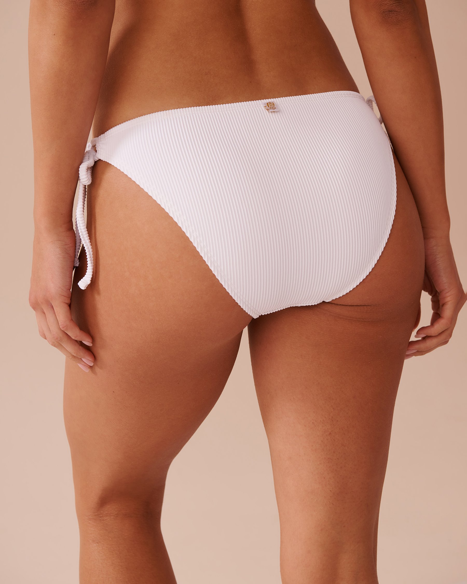 LA VIE EN ROSE AQUA SOLID Ribbed Side Tie Brazilian Bikini Bottom White 70300678 - View2