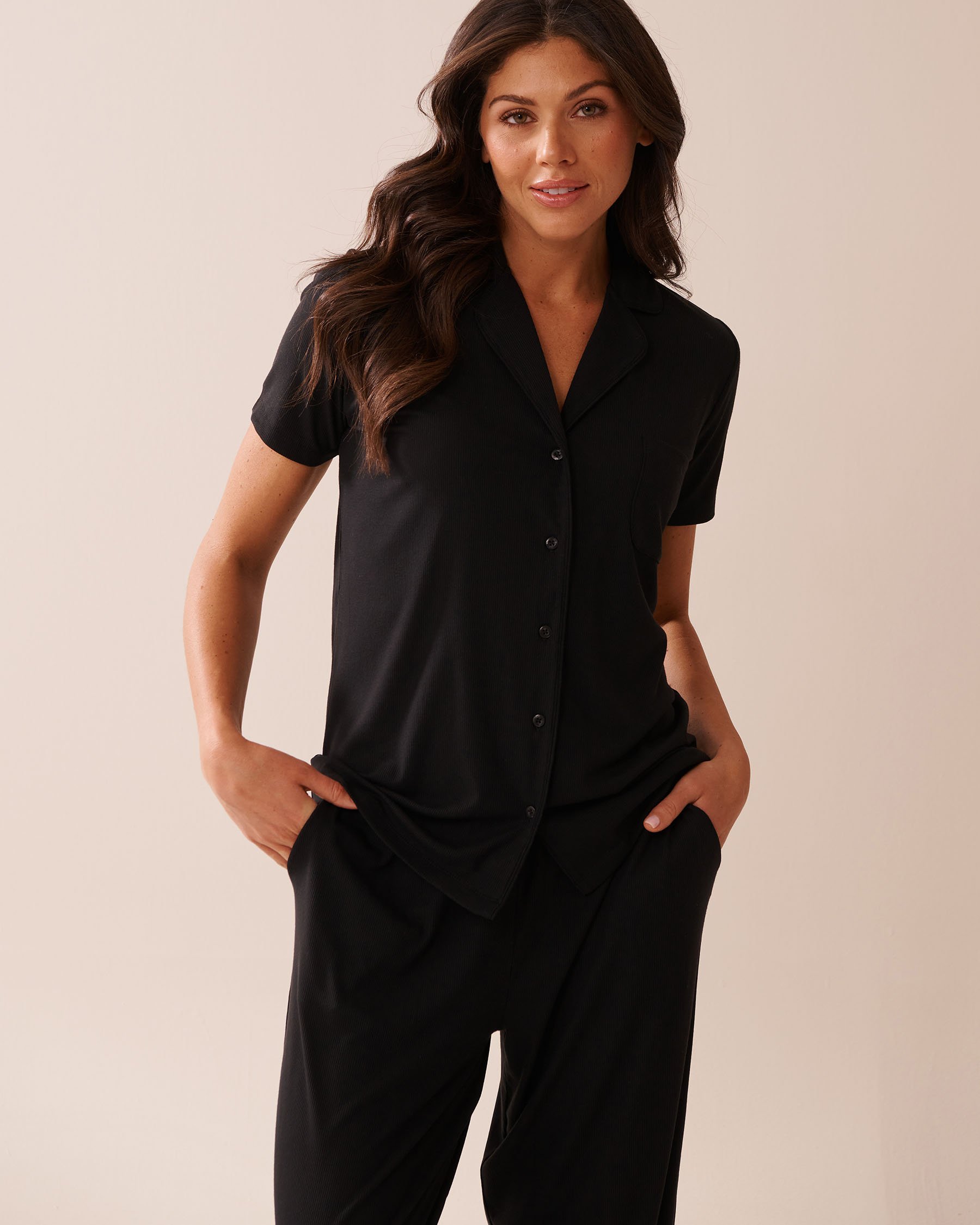 LA VIE EN ROSE Ribbed Modal Button-down Shirt Black 60100132 - View1