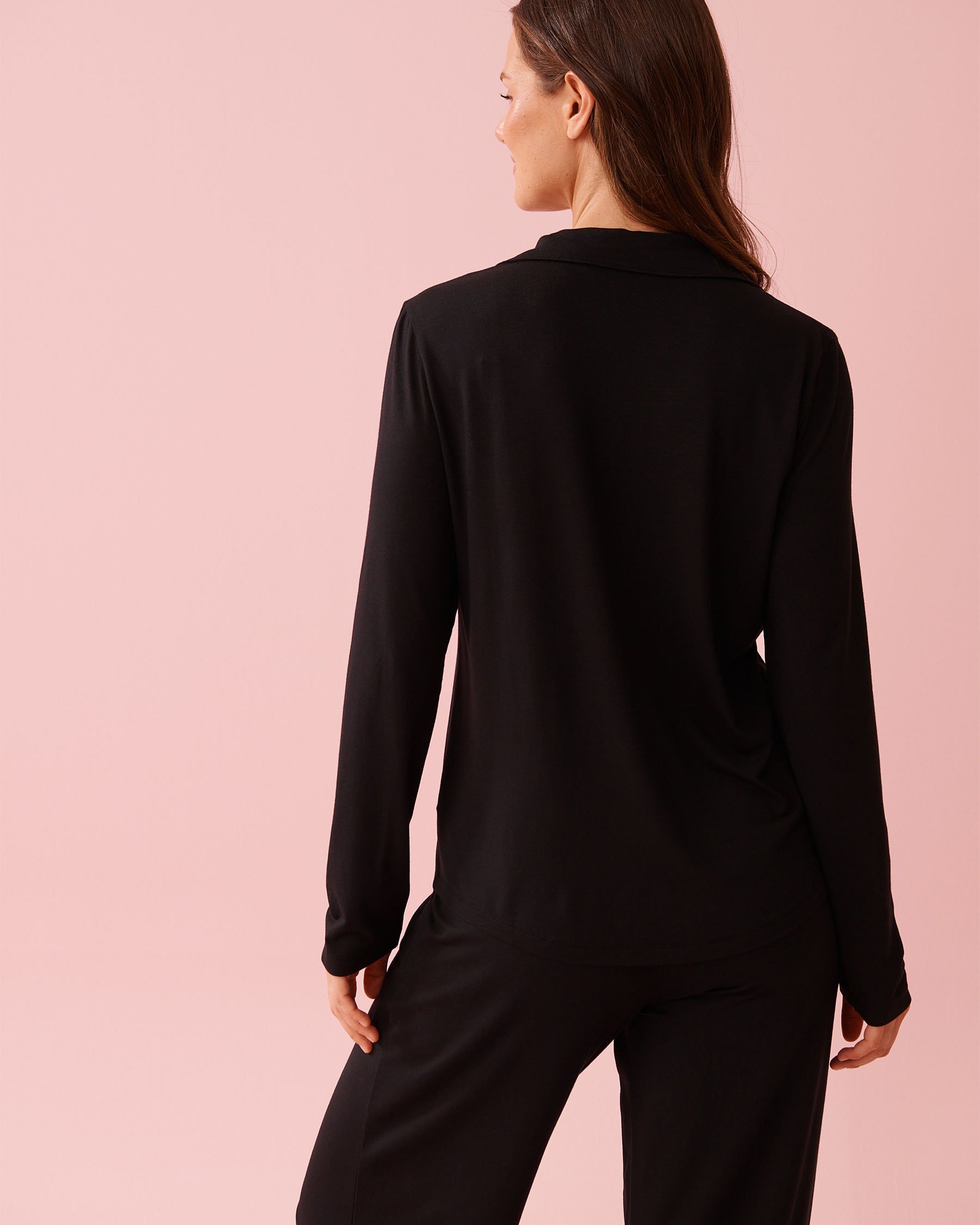 LA VIE EN ROSE Modal Long Sleeve Button-down Shirt Black 60100179 - View2