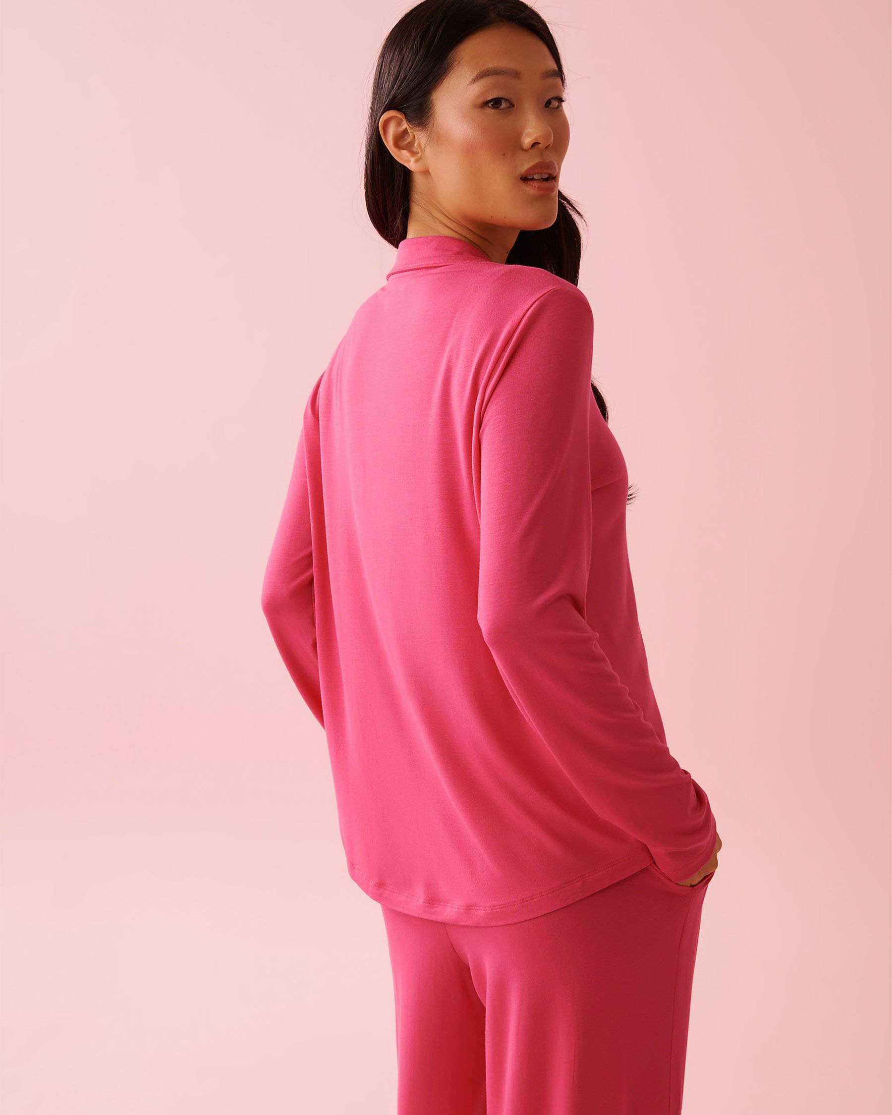 LA VIE EN ROSE Modal Long Sleeve Button-down Shirt Fuchsia Pink 60100179 - View2