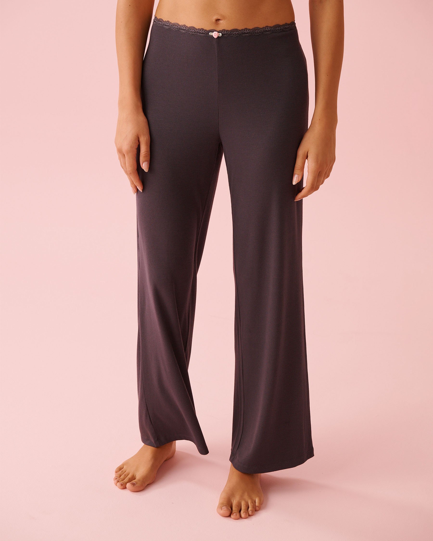 LA VIE EN ROSE Ribbed Modal and Lace Trim Pants Anthracite 60200170 - View1