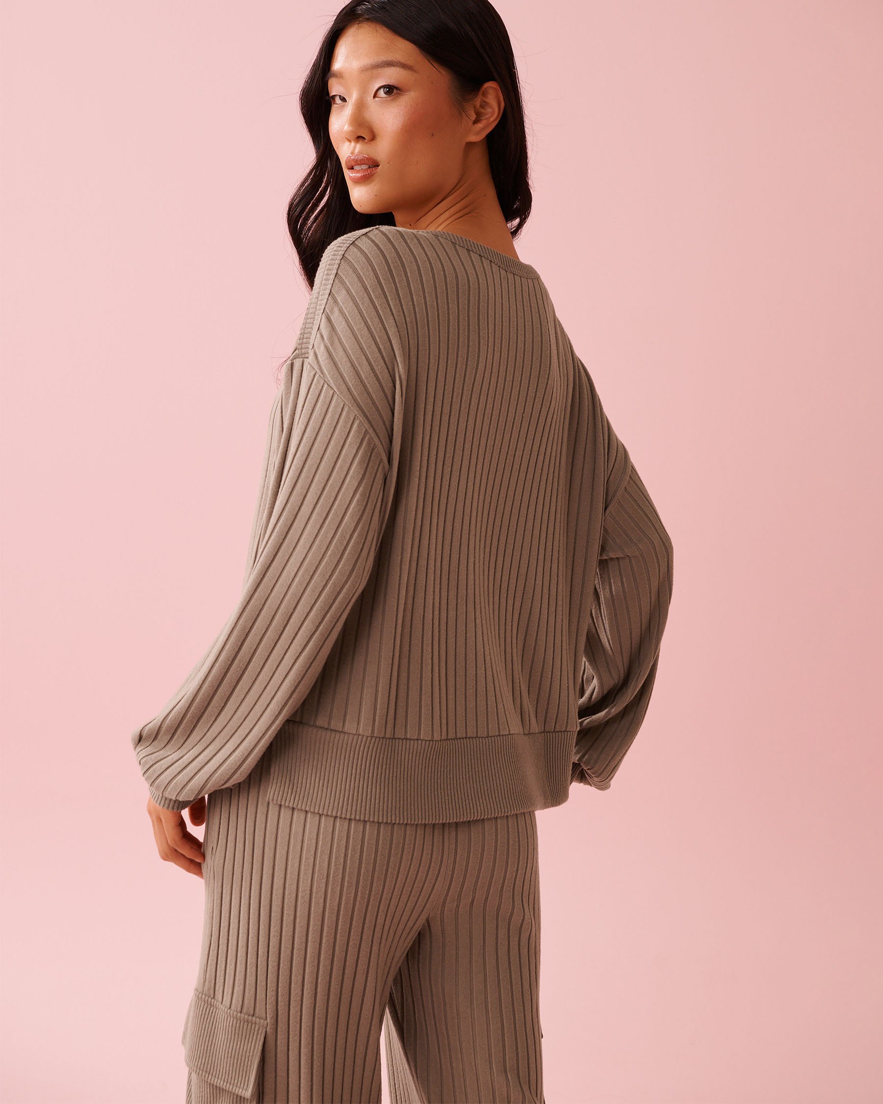 LA VIE EN ROSE Ribbed Knit Long Sleeve Shirt Taupe 50100122 - View2