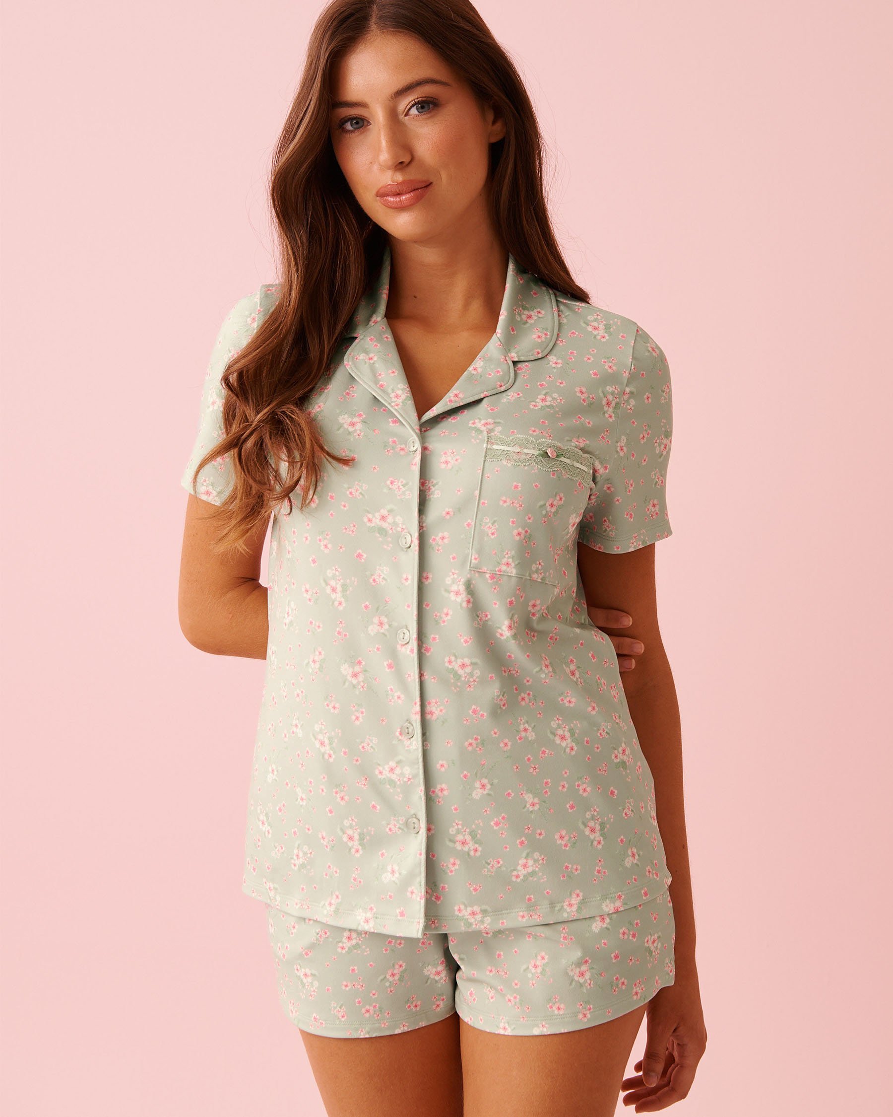 LA VIE EN ROSE Cherry Blossom Print Super Soft Short Sleeve Button-down Shirt Mineral Green 40100833 - View1