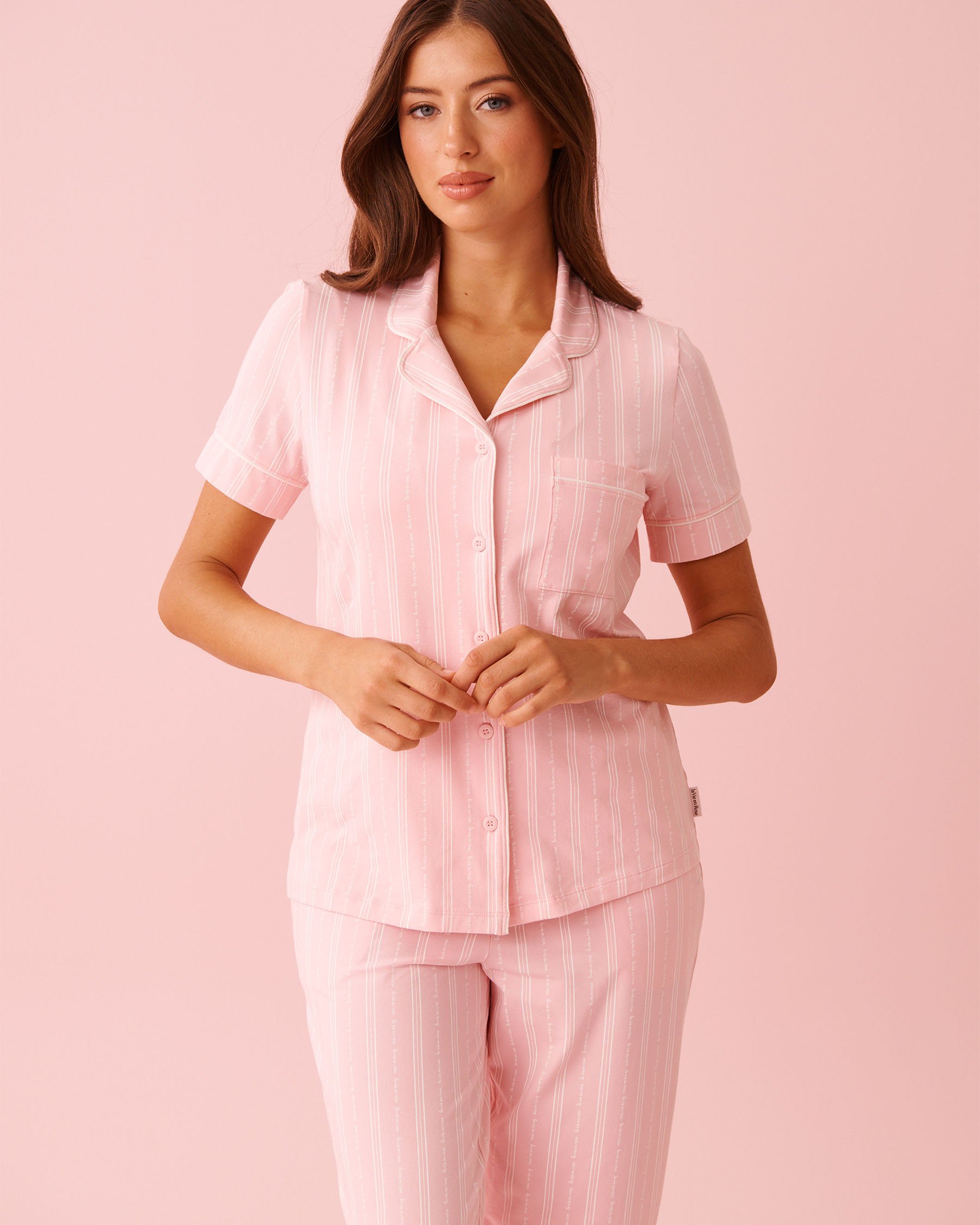LA VIE EN ROSE Cotton Short Sleeve Button-down Shirt Pink Stripes 40100824 - View1