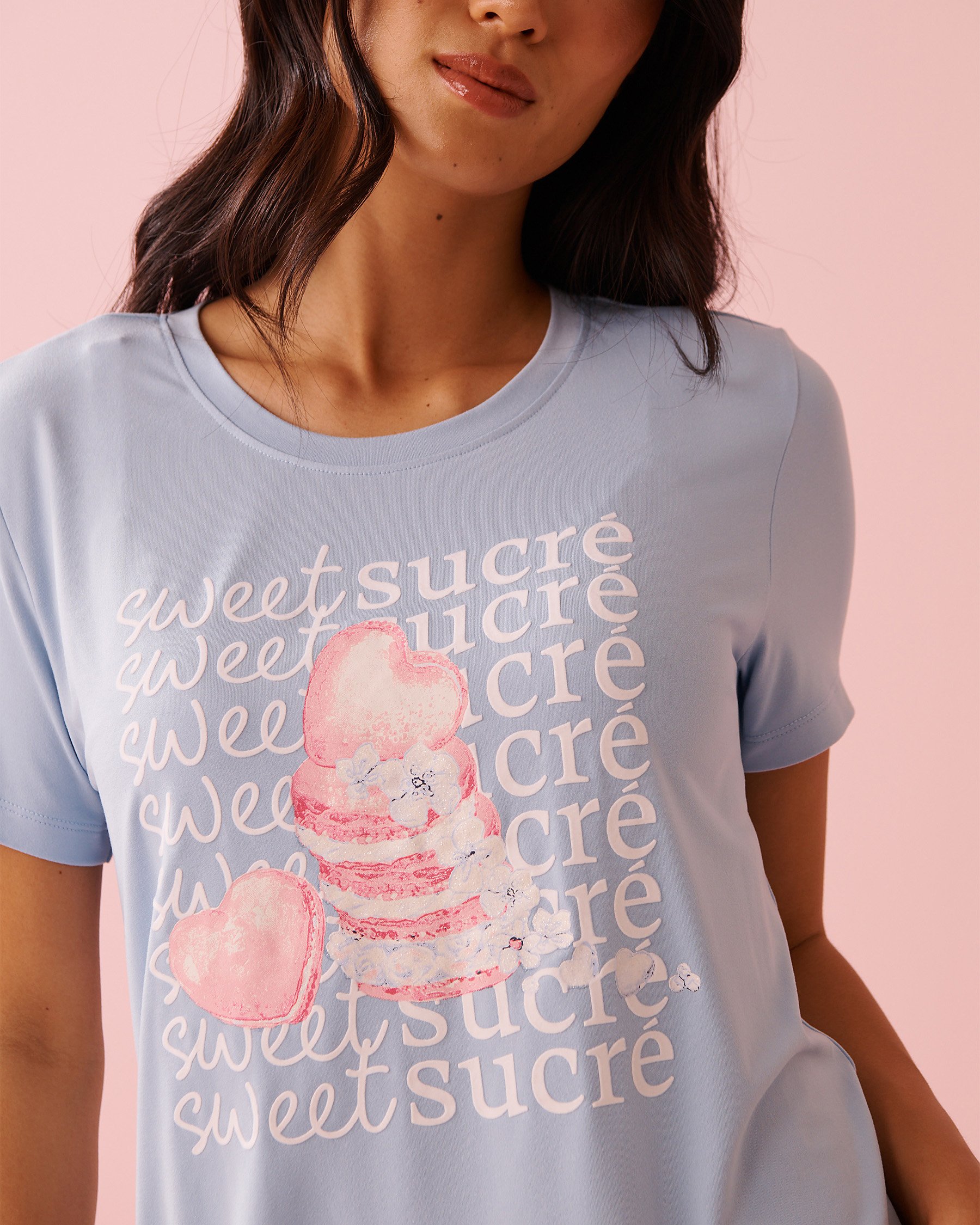 LA VIE EN ROSE Chemise de nuit ultra douce imprimé macaron cœur Bleu nuage 40500472 - Voir3
