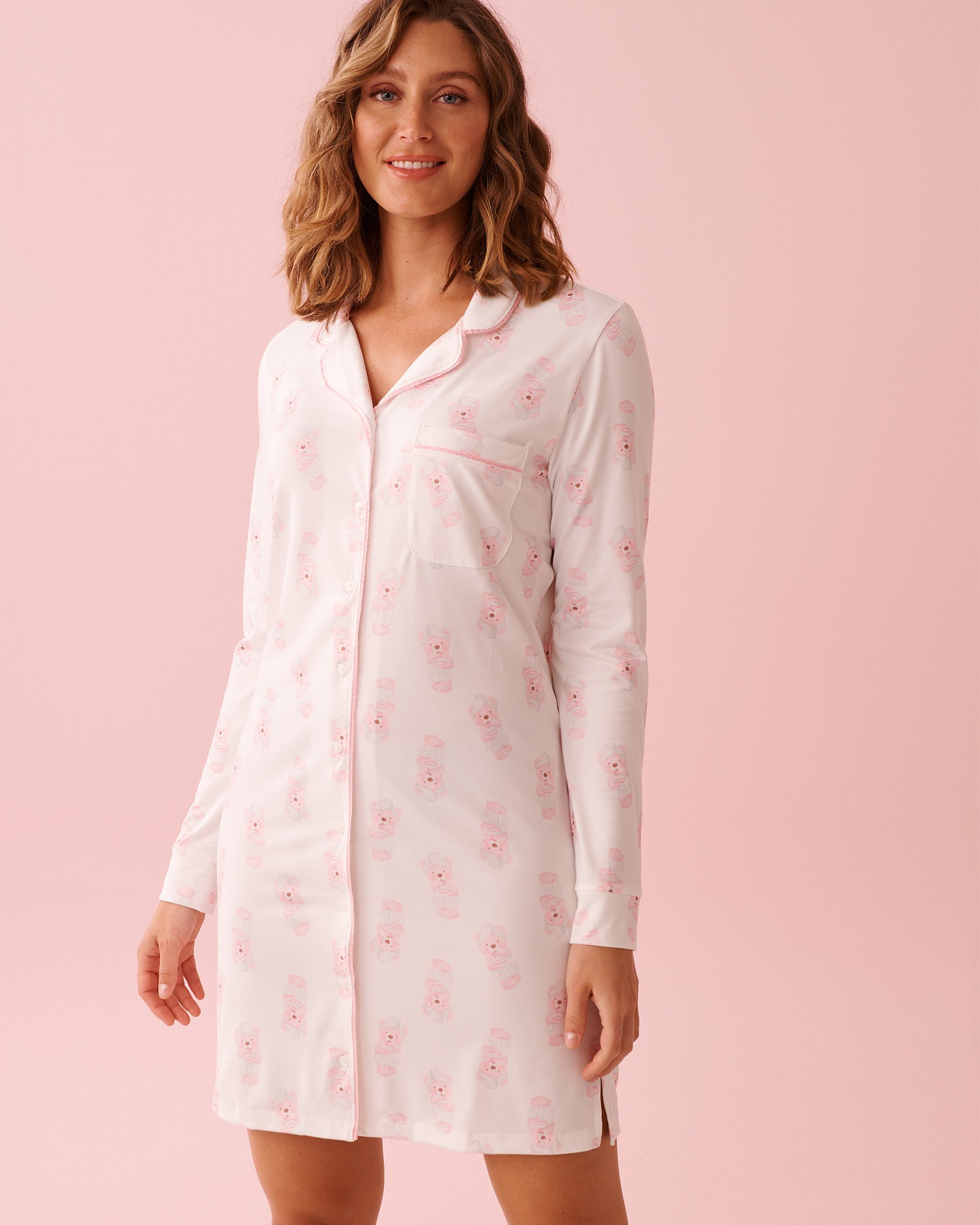 LA VIE EN ROSE Chemise de nuit boutonnée ultra douce imprimé ourson relax Blanc 40500476 - View1