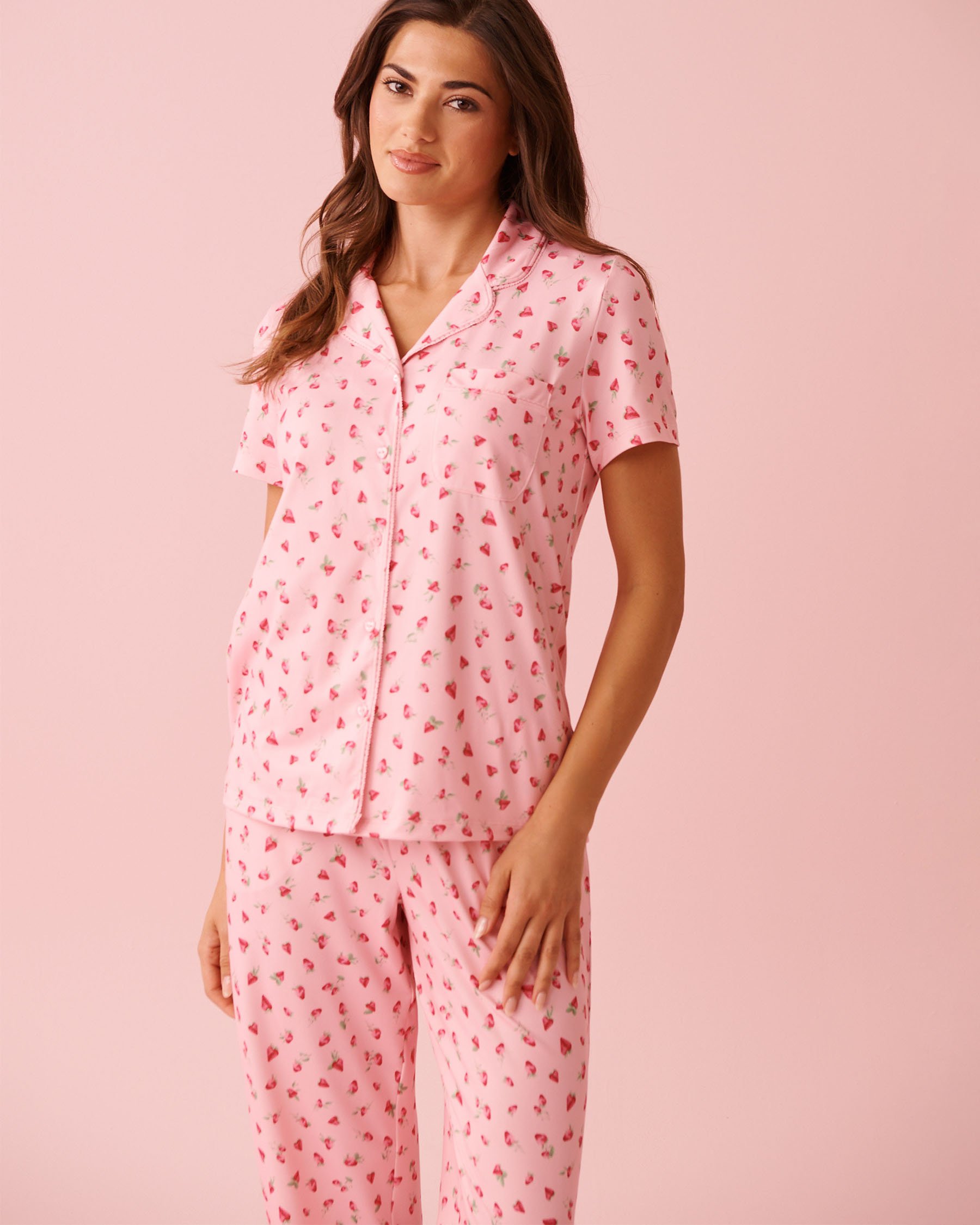 LA VIE EN ROSE Strawberry Print Super Soft Short Sleeve Button-down Shirt Pink 40100830 - View1