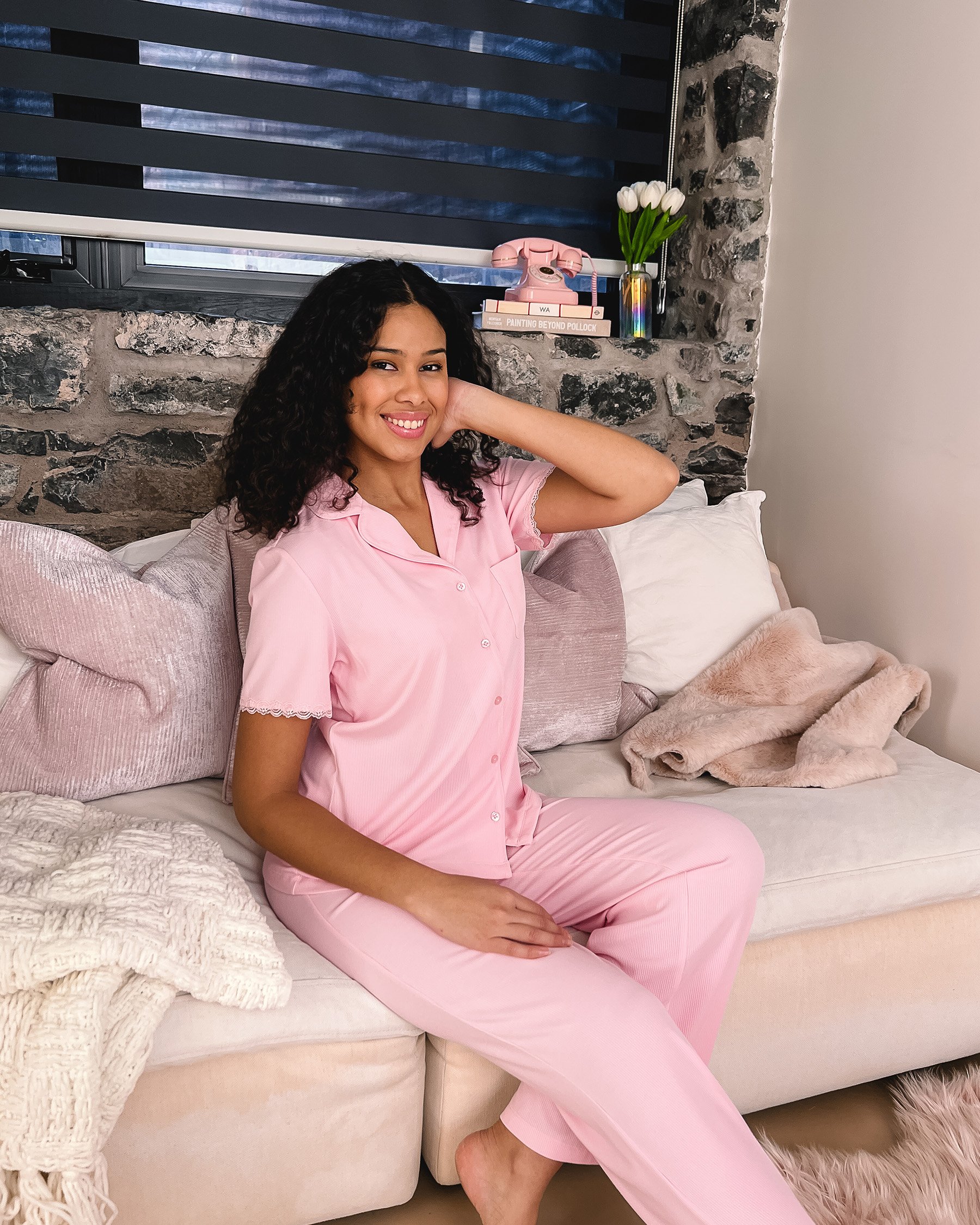 LA VIE EN ROSE Ribbed Modal and Lace Trim Pants Dreamy Pink 60200170 - View3