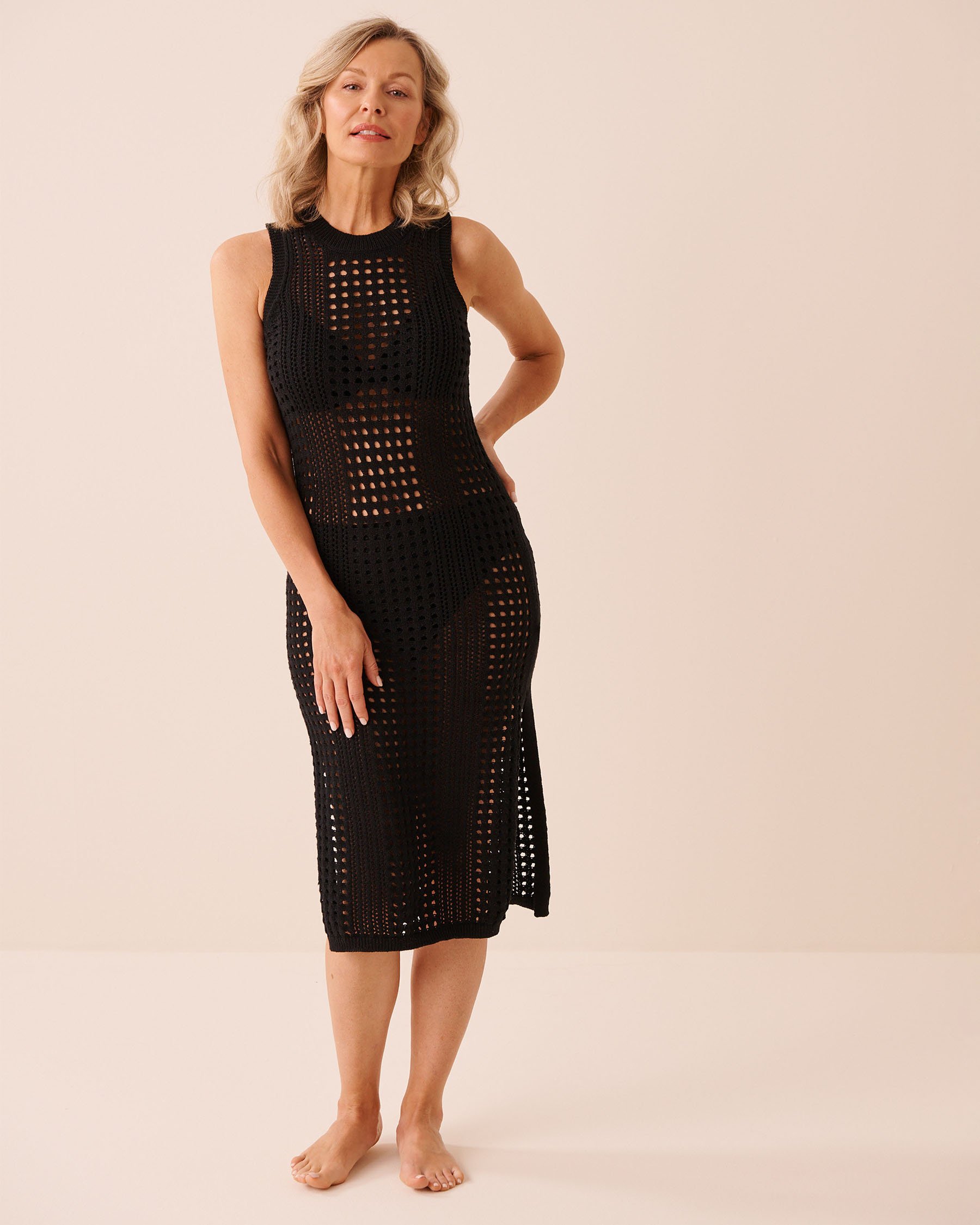 LA VIE EN ROSE AQUA Openwork Crochet Midi Dress Black 80300132 - View4