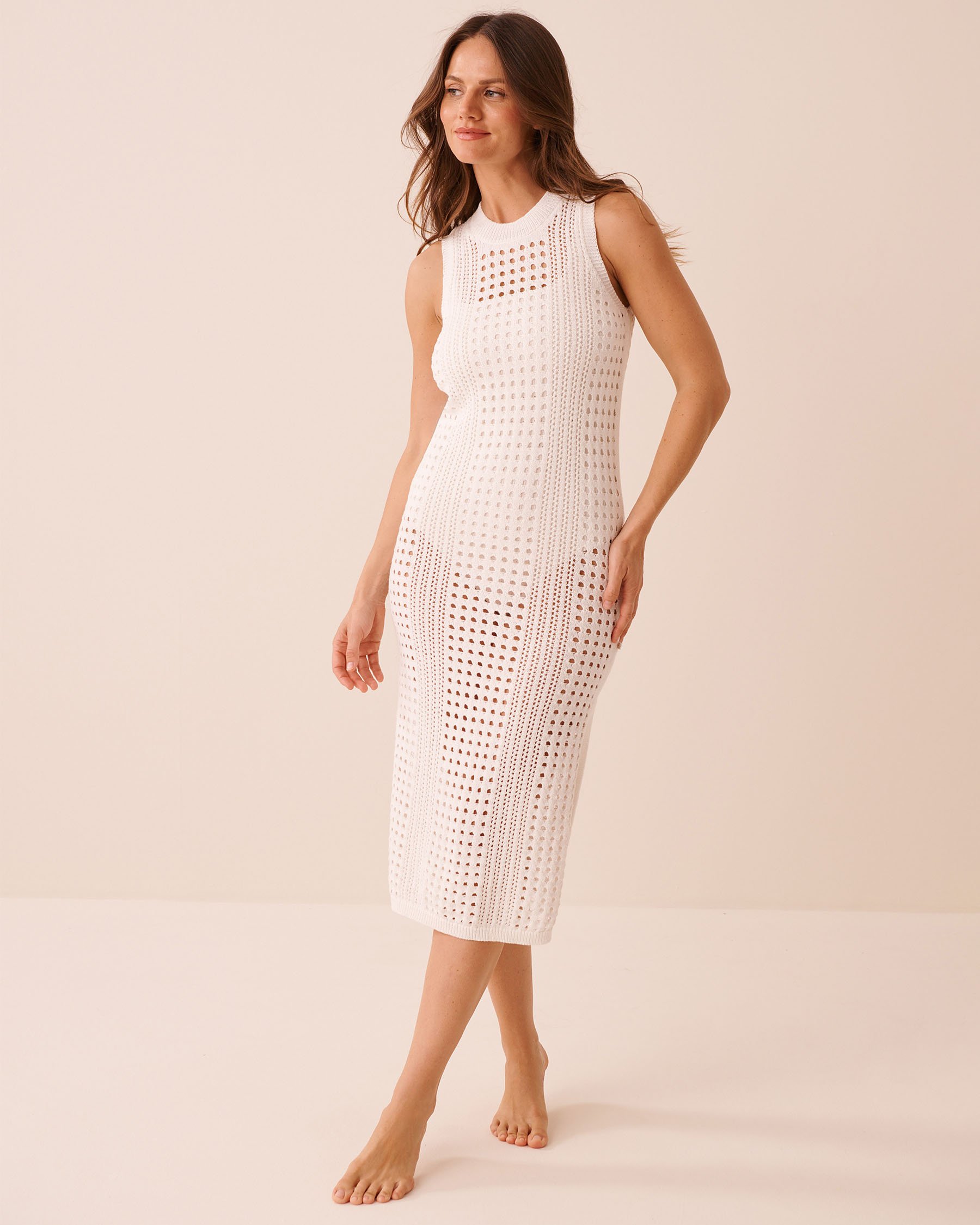 LA VIE EN ROSE AQUA Openwork Crochet Midi Dress Coconut Milk 80300132 - View1