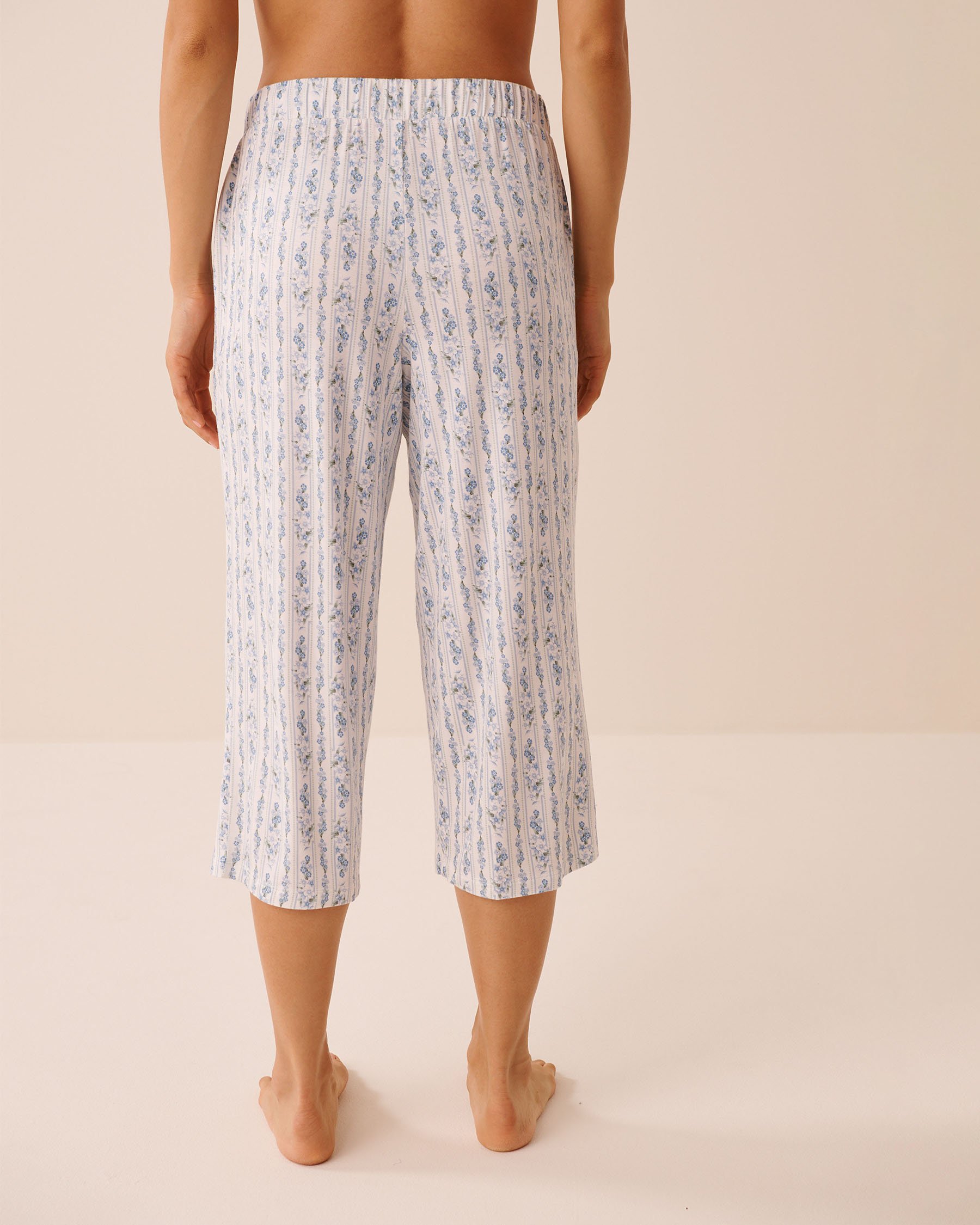 LA VIE EN ROSE Blue Floral Print Soft Jersey Pajama Capris Blue Flowers/Stripes 60200183 - View2