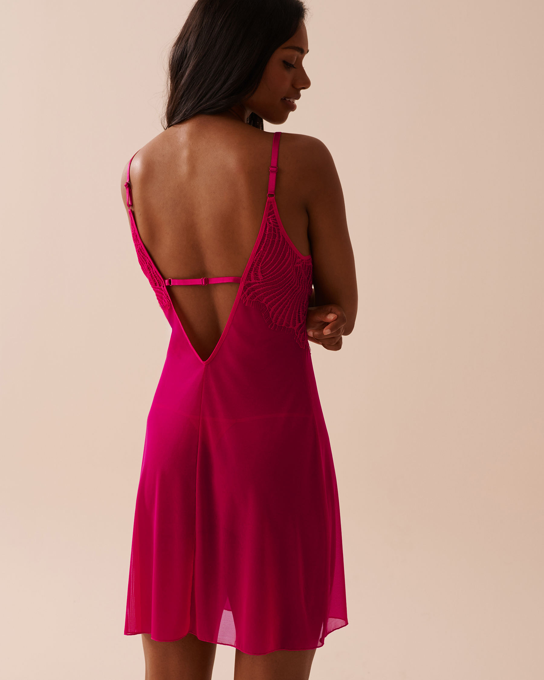 LA VIE EN ROSE Mesh and Lace Plunge Nightie Raspberry Red 60500154 - View2