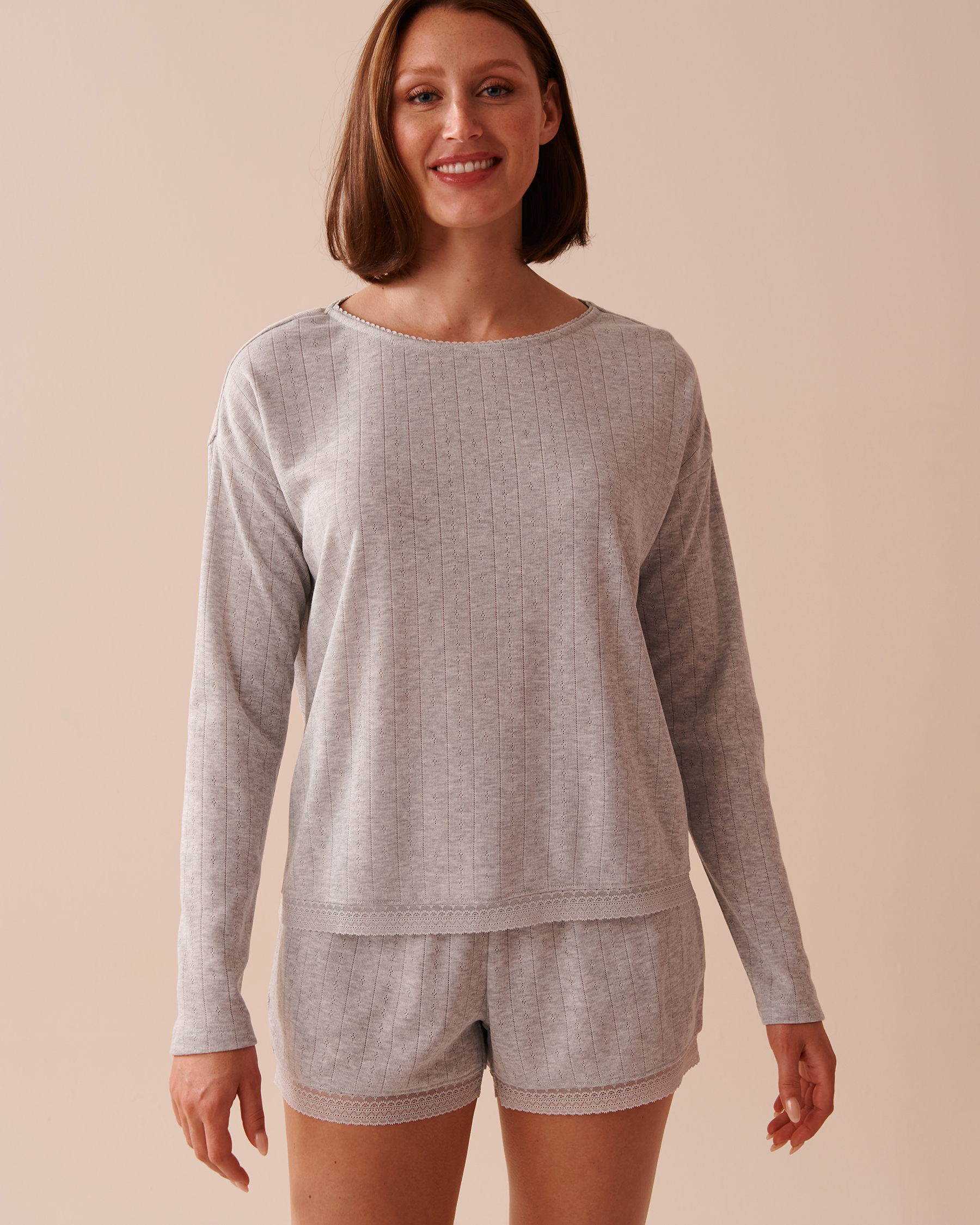 LA VIE EN ROSE Lace Trim Pointelle Knit Long Sleeve Shirt Grey 40100594 - View1