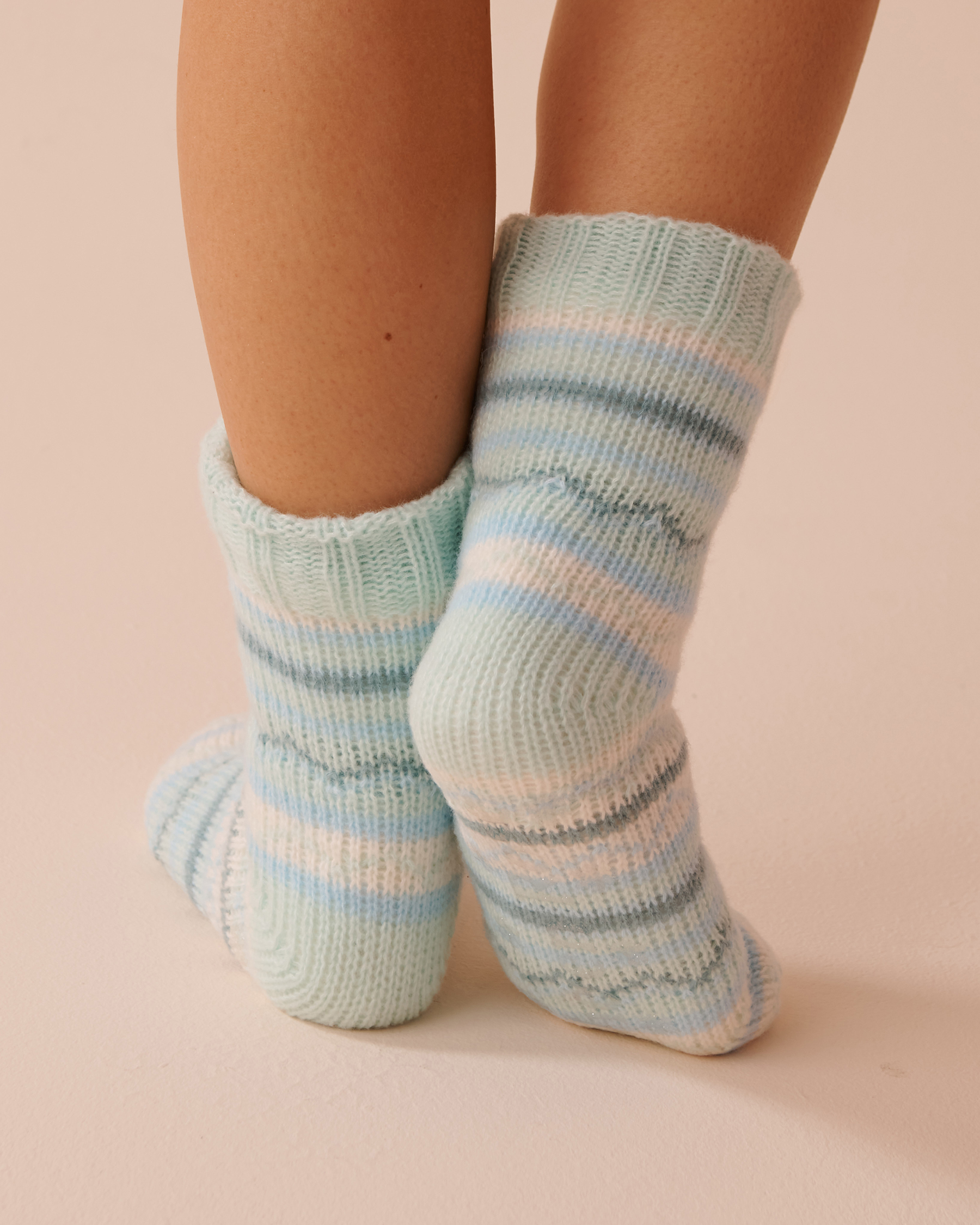 LA VIE EN ROSE Striped Knit and Sherpa Socks Icy Blue Stripes 40700353 - View2