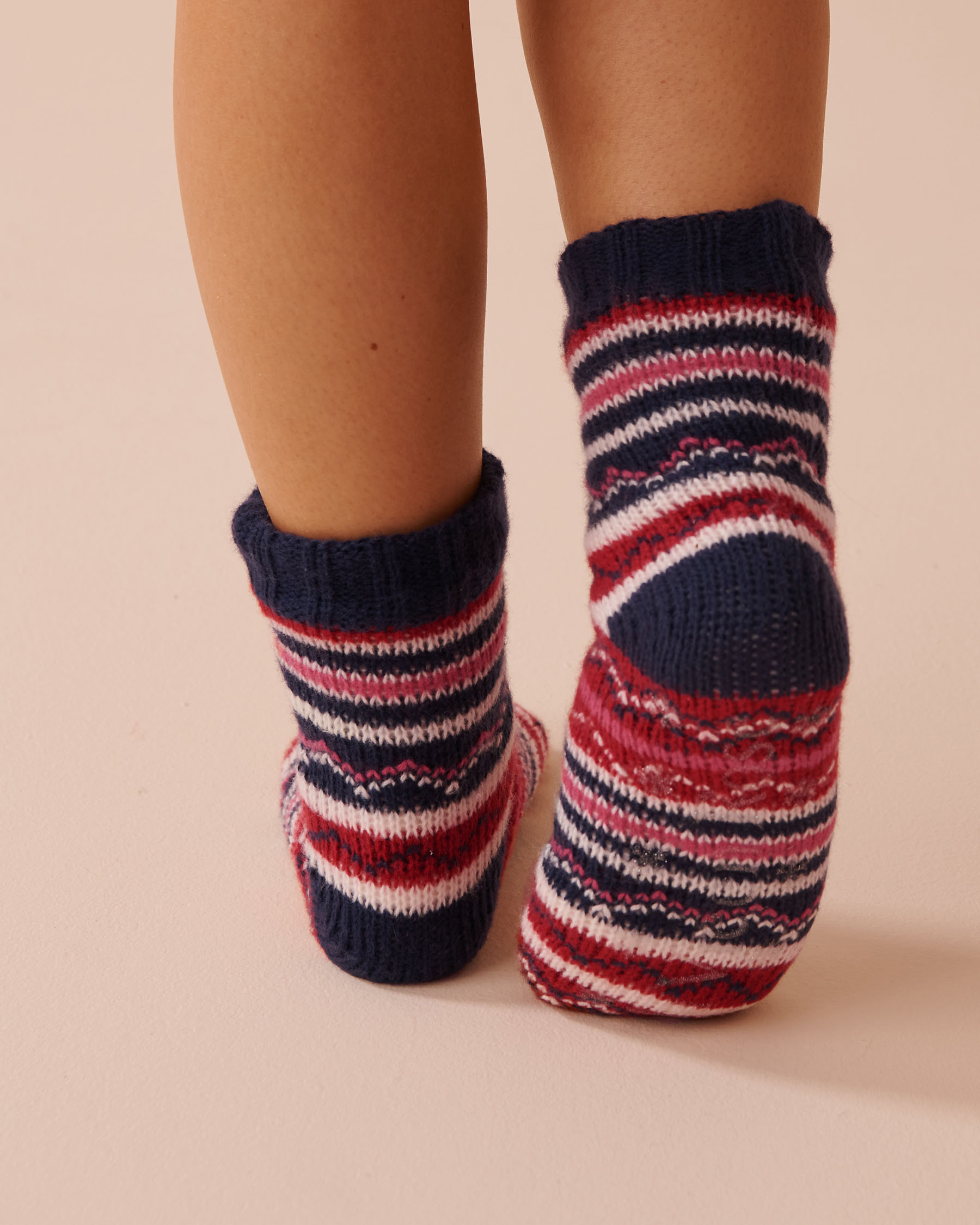LA VIE EN ROSE Striped Knit and Sherpa Socks Red & Blue Stripes 40700353 - View2