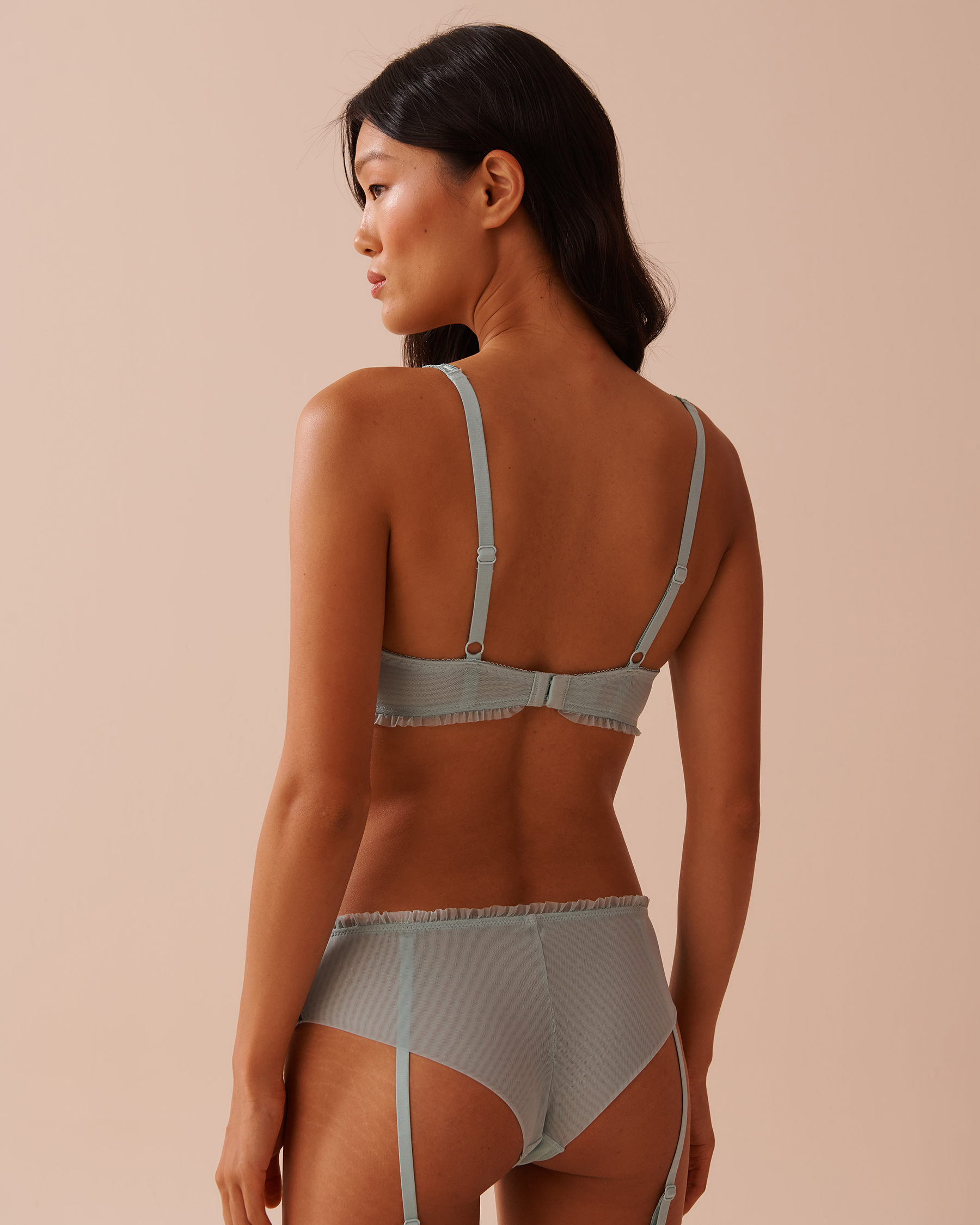 LA VIE EN ROSE Unlined Balconette Mesh and Ruffle Bra Mint Blue 10100156 - View2