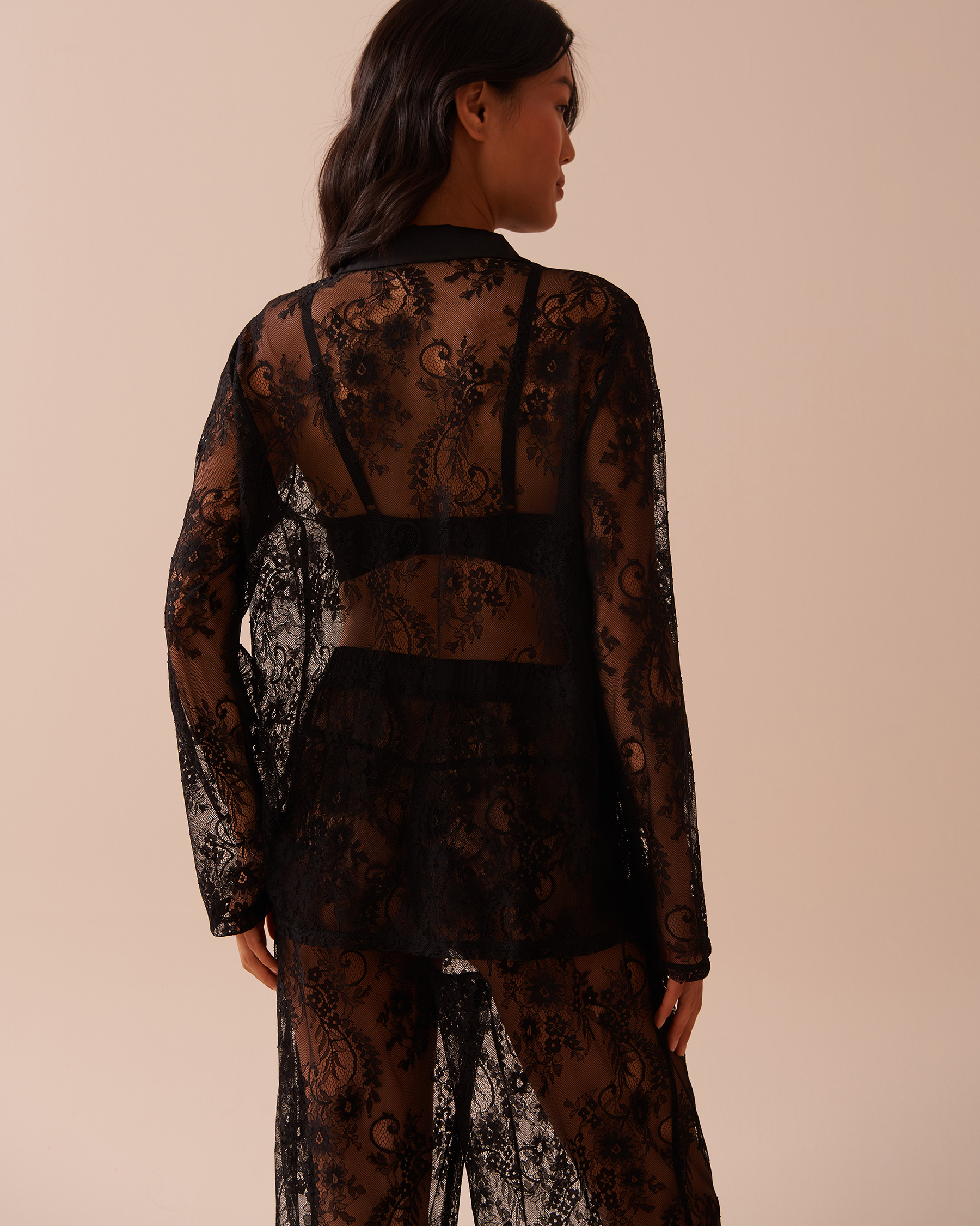 LA VIE EN ROSE Sheer Lace Long Sleeve Button-down Shirt Classic Black 60100115 - View2